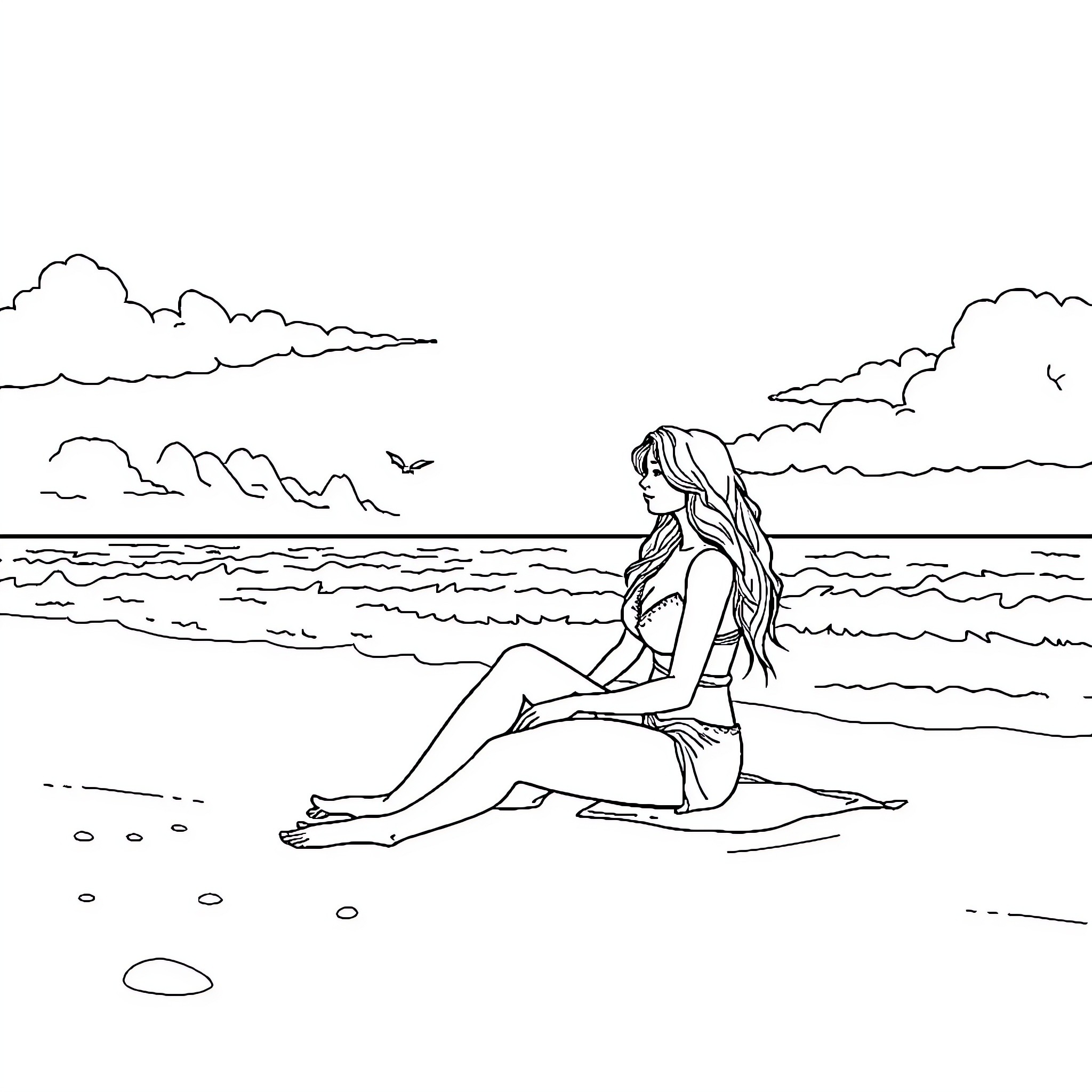 Woman relaxing on the beach Coloring Page (free black-and-white line drawing printable PDF for all, from beginners to advanced learners, including children, teens, adults, and seniors)