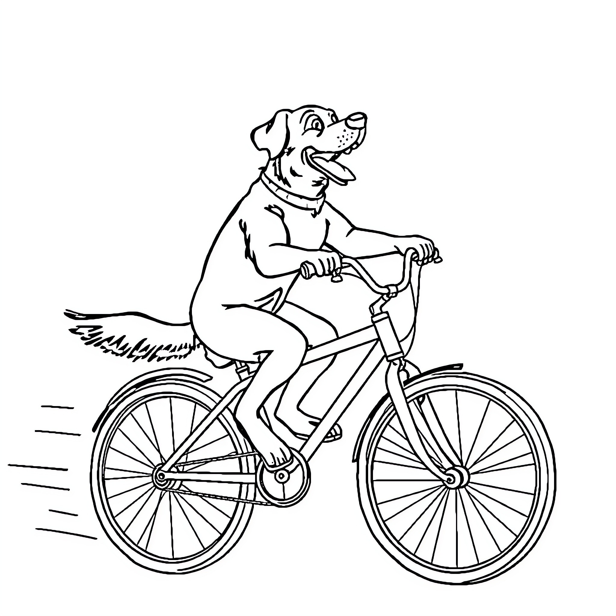 Labrador riding a bicycle happily Coloring Page (free black-and-white line drawing printable PDF for all, from beginners to advanced learners, including children, teens, adults, and seniors)