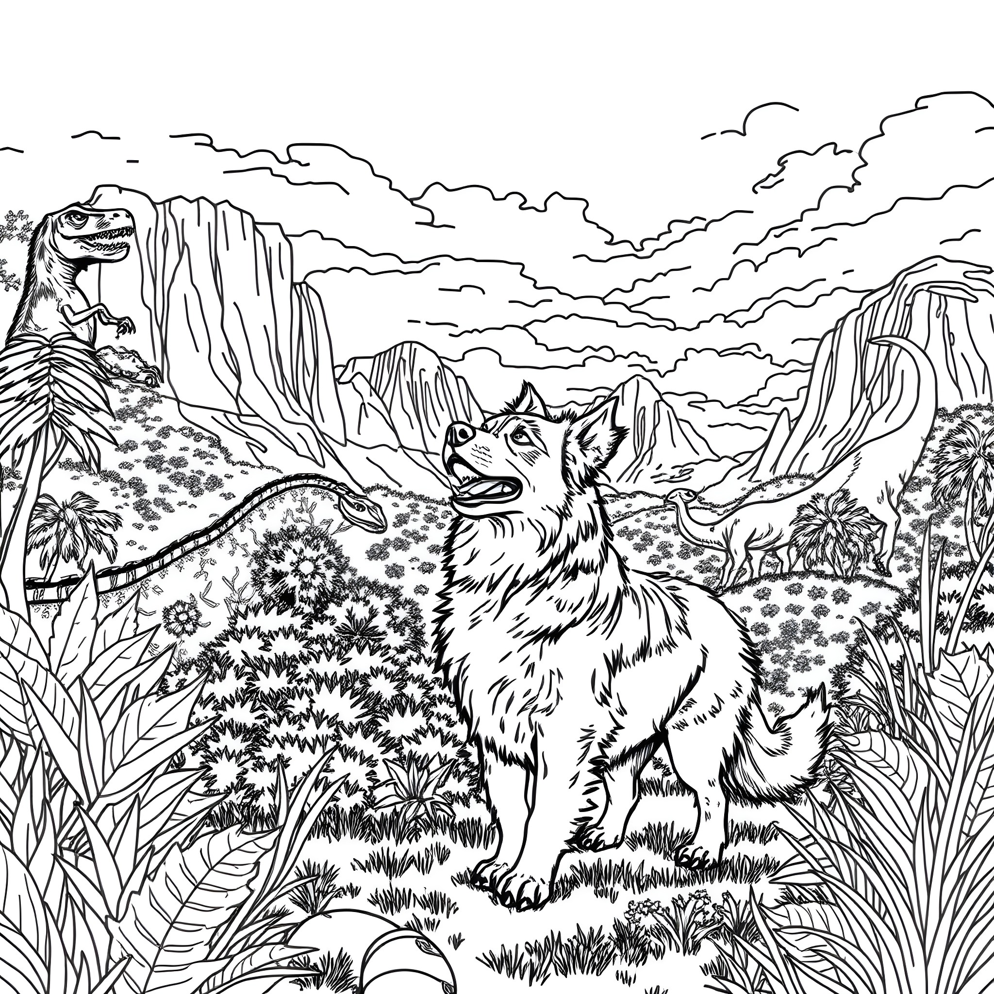 Australian Shepherd enjoying the scenic landscape Coloring Page (free black-and-white line drawing printable PDF for all, from beginners to advanced learners, including children, teens, adults, and seniors)