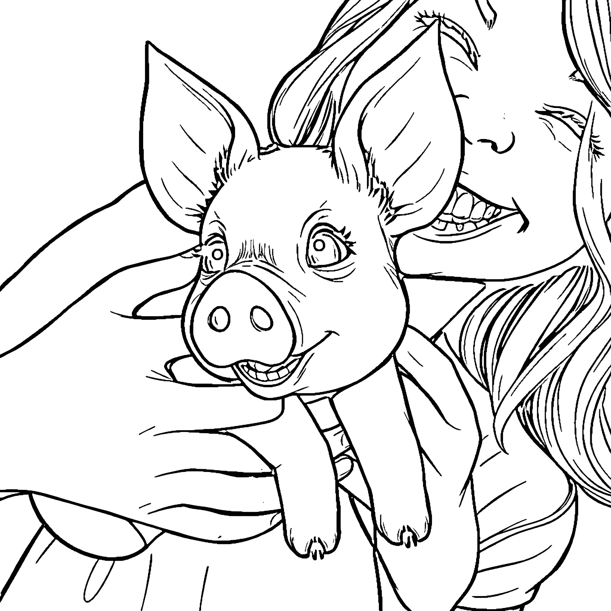 Pig with playful expression and wild hairstyle Coloring Page (free black-and-white line drawing printable PDF for all, from beginners to advanced learners, including children, teens, adults, and seniors)
