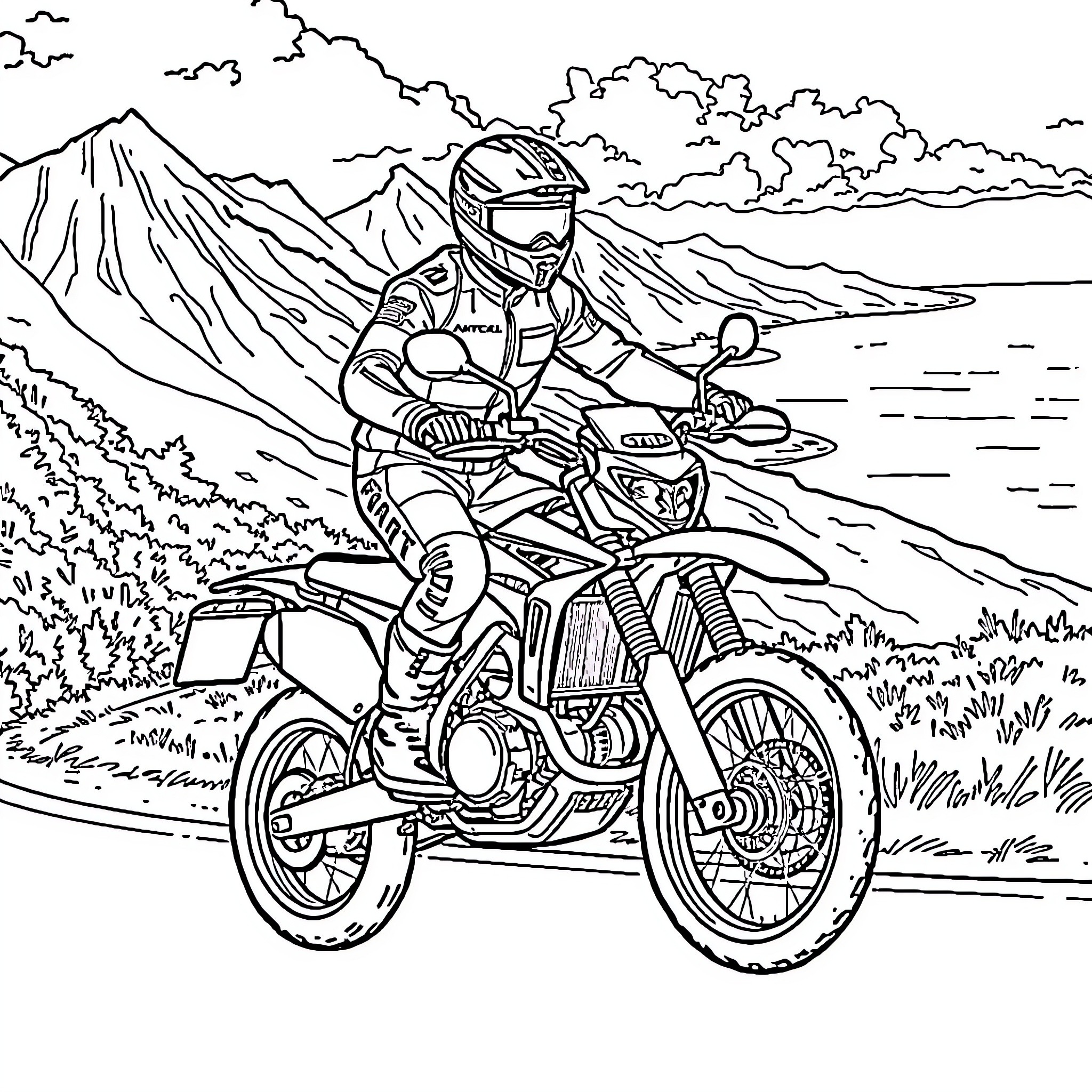 Capitaine riding motorcycle through rugged landscape Coloring Page (free black-and-white line drawing printable PDF for all, from beginners to advanced learners, including children, teens, adults, and seniors)