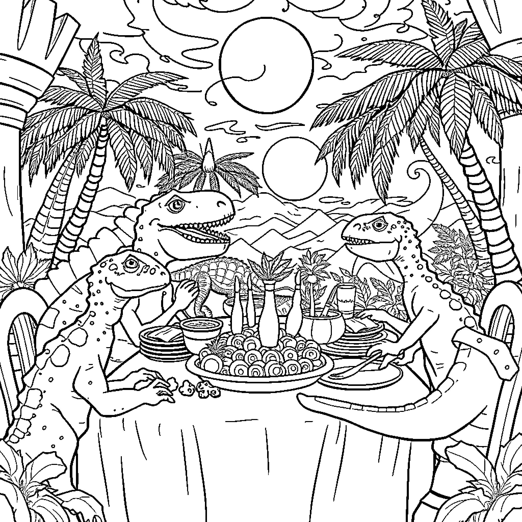 Dinosaur feast in a tropical paradise Coloring Page (free black-and-white line drawing printable PDF for all, from beginners to advanced learners, including children, teens, adults, and seniors)