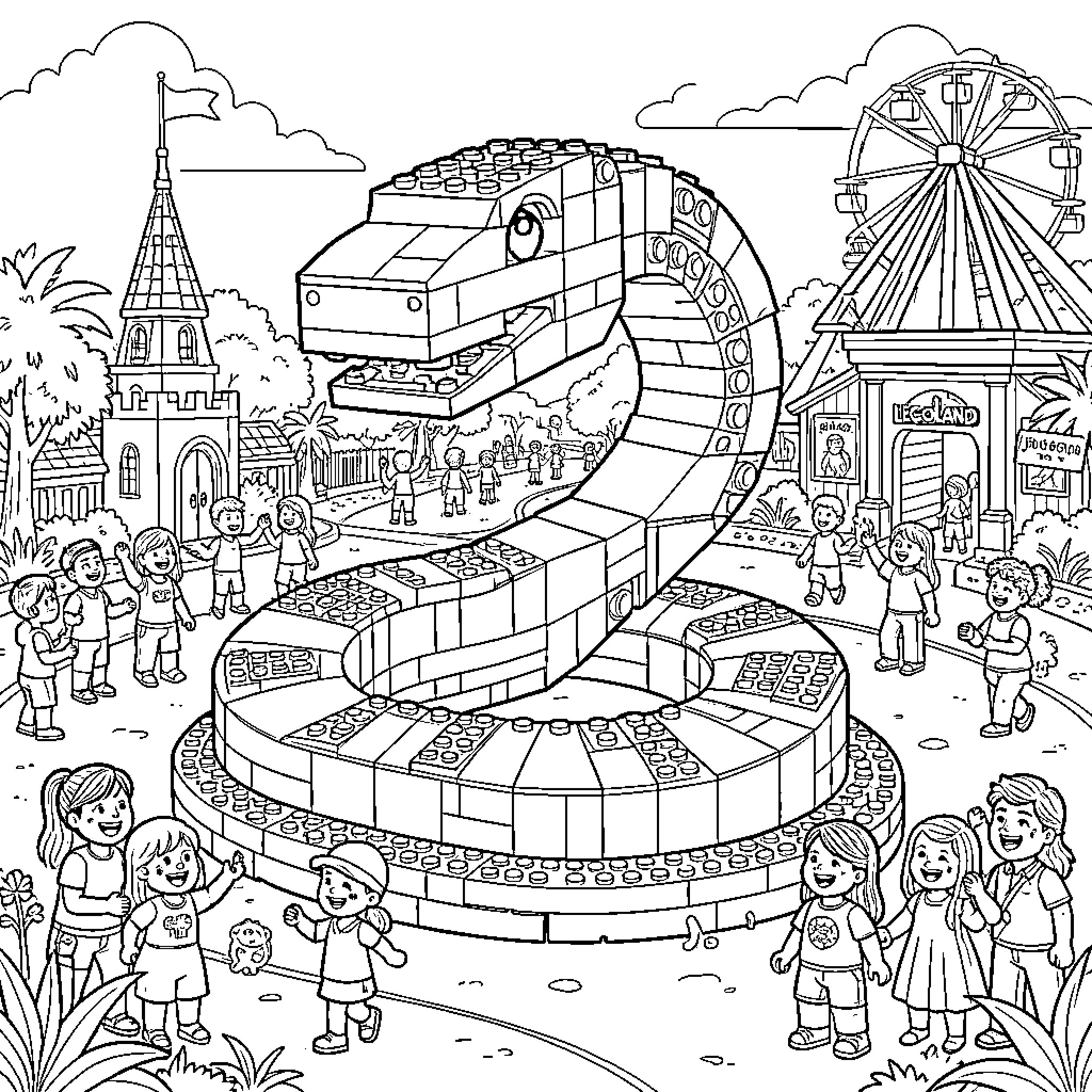Snake sculpture towering over children in an amusement park Coloring Page (free black-and-white line drawing printable PDF for all, from beginners to advanced learners, including children, teens, adults, and seniors)