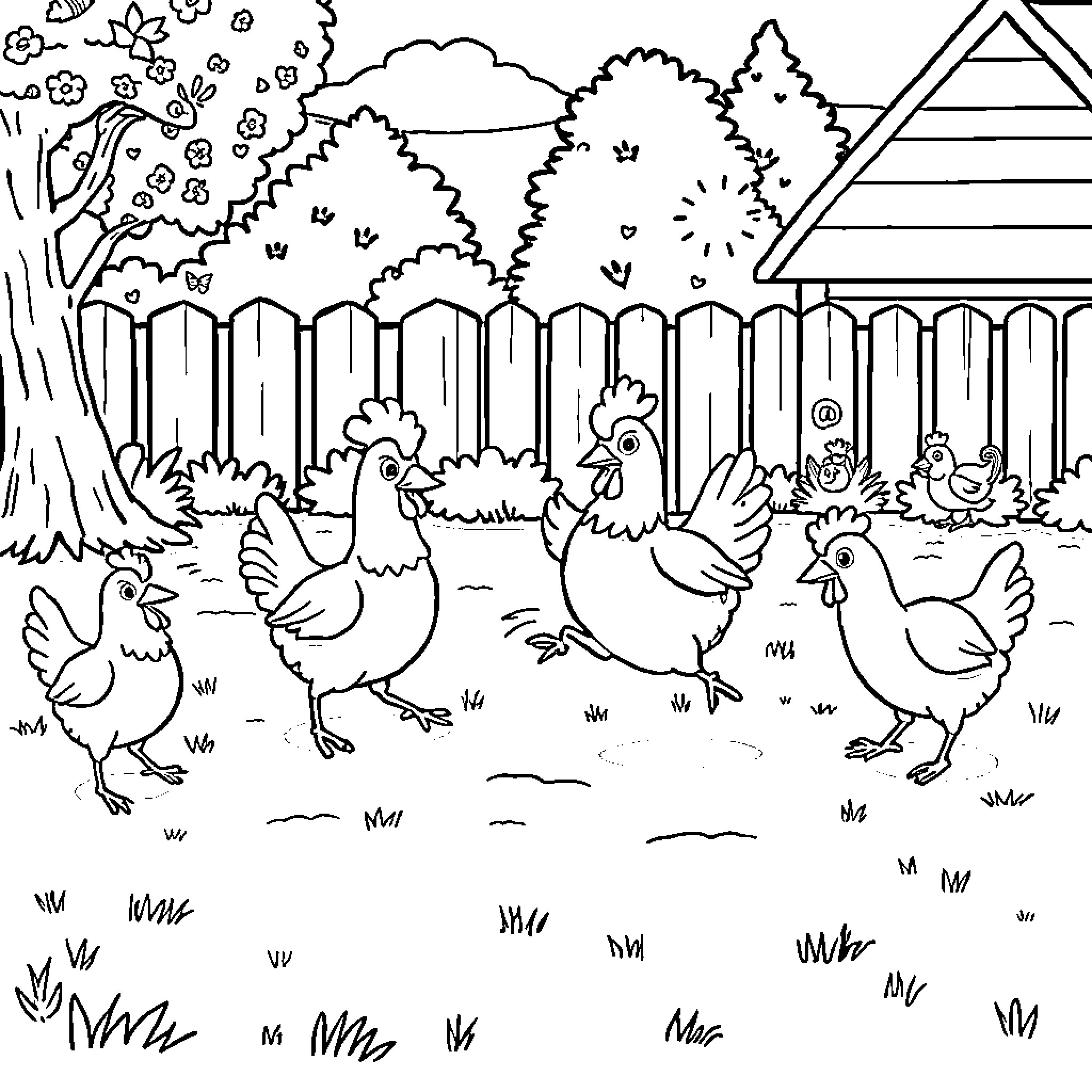 Chickens roaming in the farmyard Coloring Page (free black-and-white line drawing printable PDF for all, from beginners to advanced learners, including children, teens, adults, and seniors)