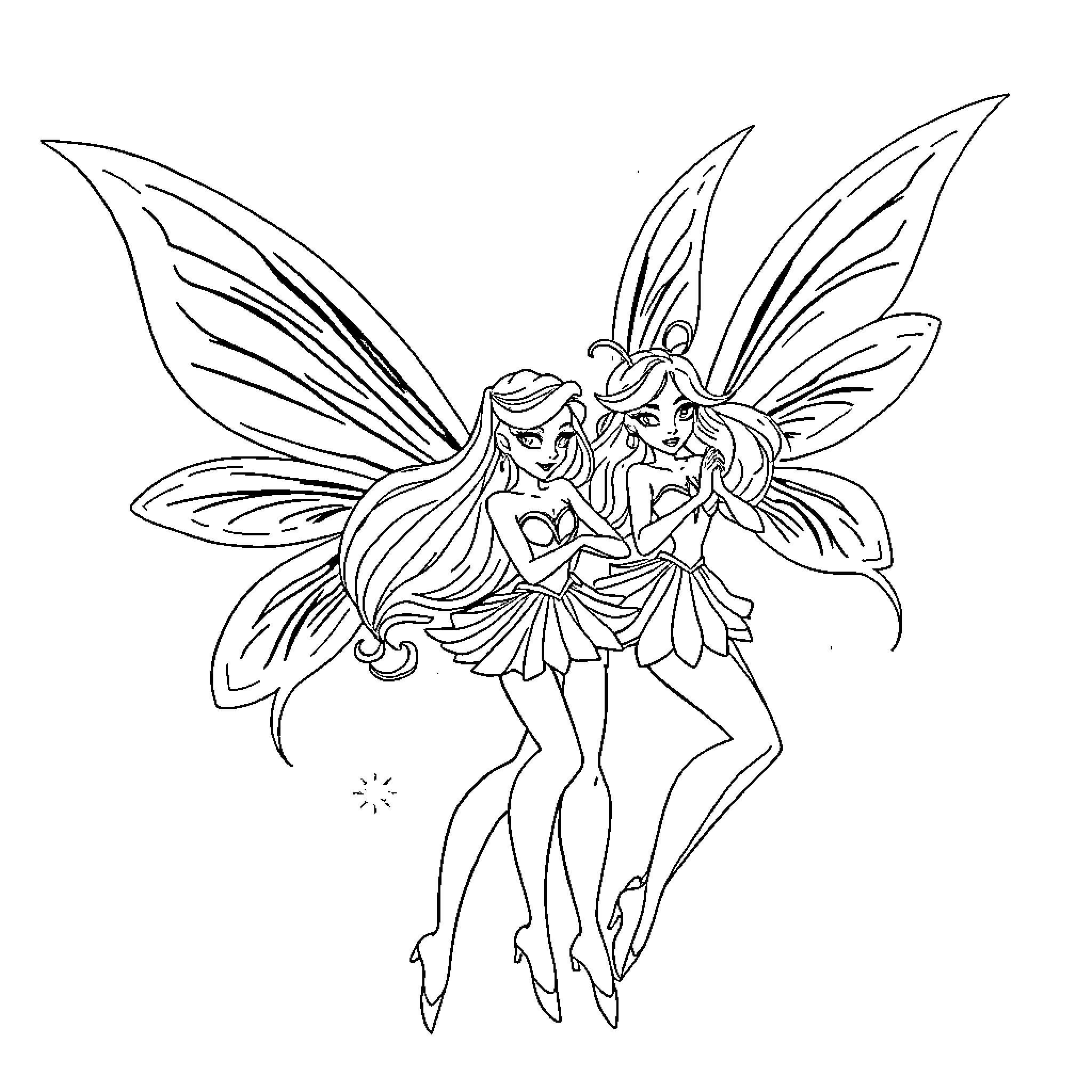 Winx Fairies Embracing in Magical Attire Coloring Page (free black-and-white line drawing printable PDF for all, from beginners to advanced learners, including children, teens, adults, and seniors)