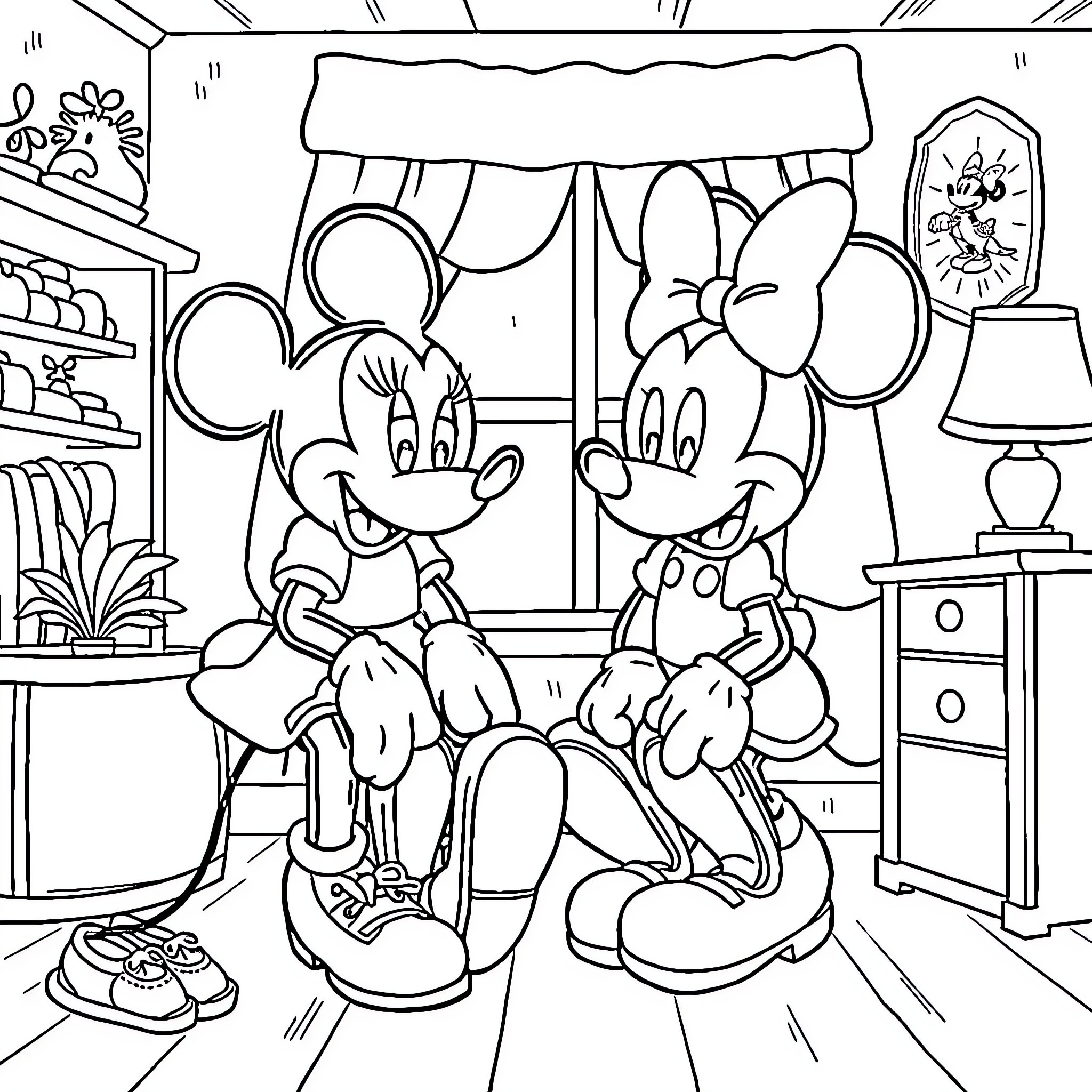 Mickey Mouse and Minnie Mouse in cozy room Coloring Page (free black-and-white line drawing printable PDF for all, from beginners to advanced learners, including children, teens, adults, and seniors)