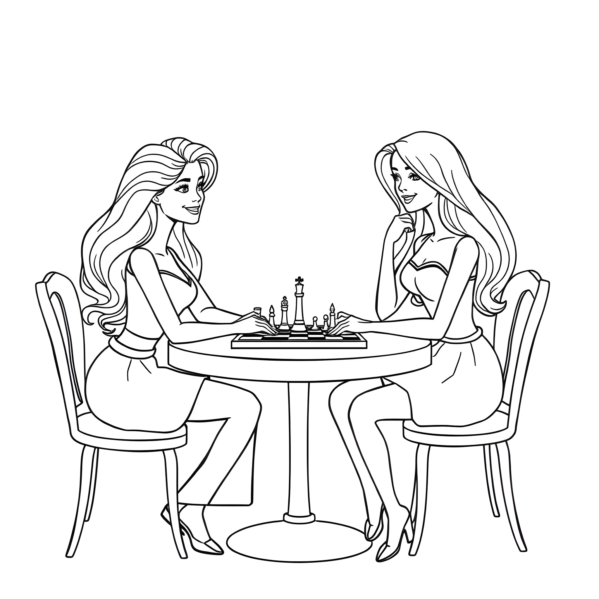Barbie playing chess with her friend Coloring Page (free black-and-white line drawing printable PDF for all, from beginners to advanced learners, including children, teens, adults, and seniors)