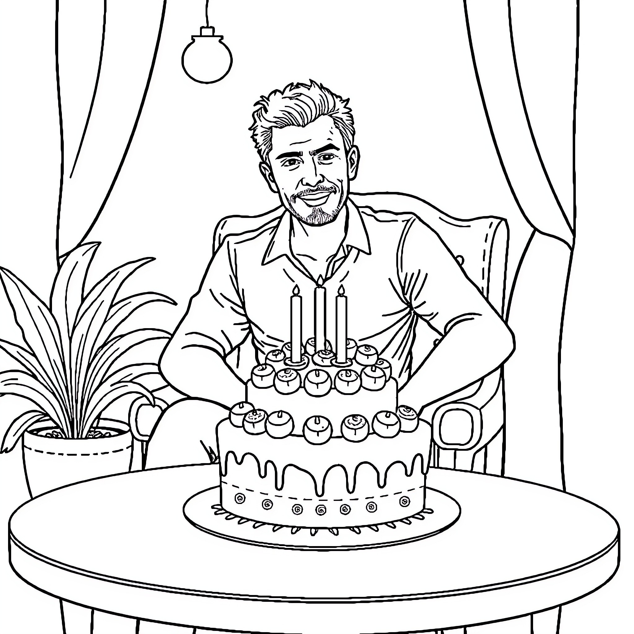 Man celebrating birthday with cake and candles Coloring Page (free black-and-white line drawing printable PDF for all, from beginners to advanced learners, including children, teens, adults, and seniors)