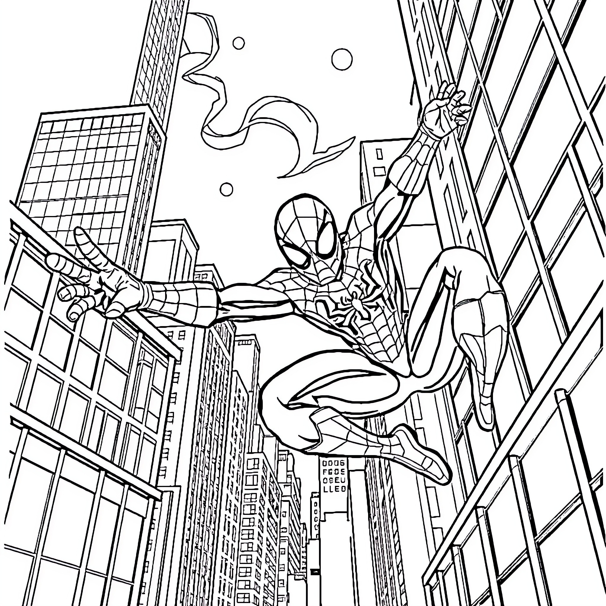 Spiderman swinging through the city skyline Coloring Page (free black-and-white line drawing printable PDF for all, from beginners to advanced learners, including children, teens, adults, and seniors)