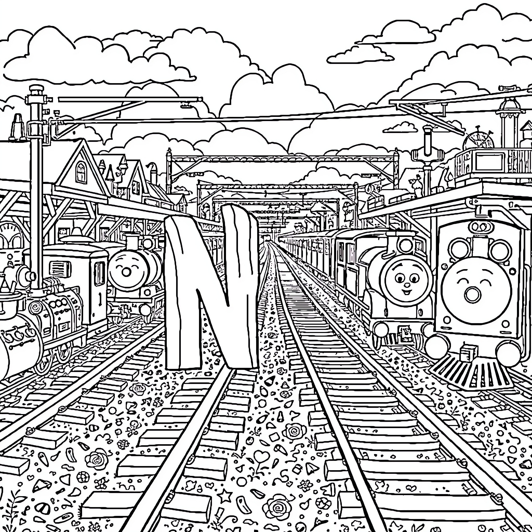 Train Tracks with Cartoon Locomotives in Countryside Coloring Page (free black-and-white line drawing printable PDF for all, from beginners to advanced learners, including children, teens, adults, and seniors)