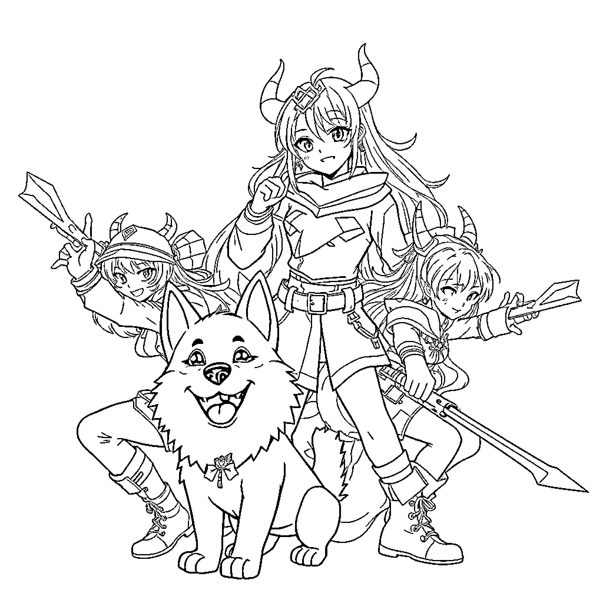 Demon Hunter Group in Fantasy Adventure Coloring Page (free black-and-white line drawing printable PDF for all, from beginners to advanced learners, including children, teens, adults, and seniors)