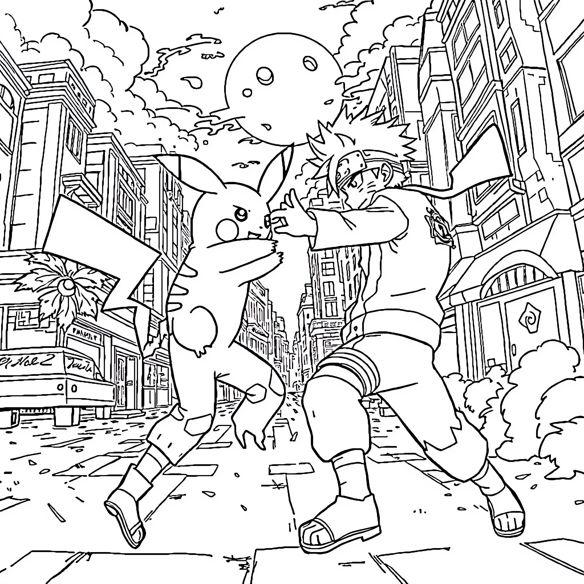 Ash's Anime Adventure in the City Coloring Page (free black-and-white line drawing printable PDF for all, from beginners to advanced learners, including children, teens, adults, and seniors)