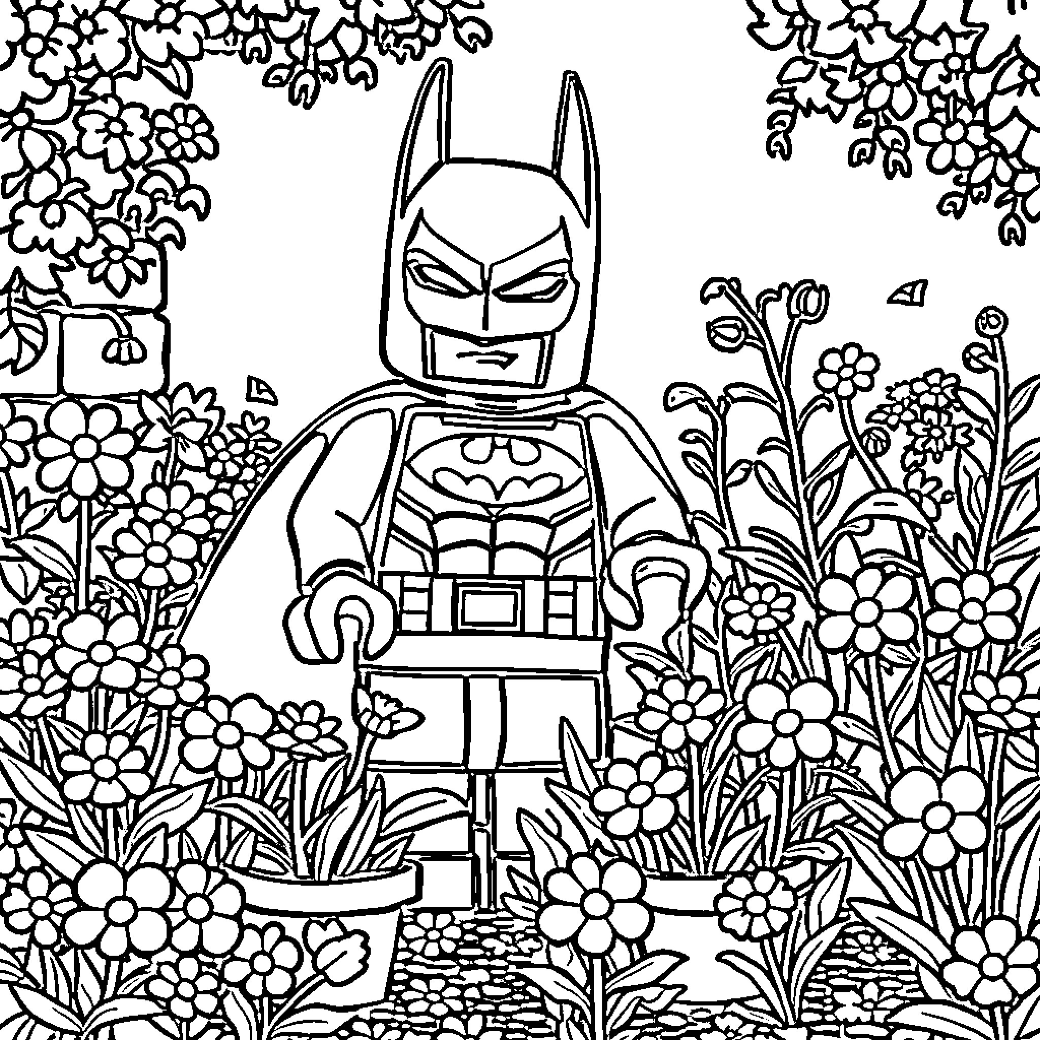 Batman Exploring the Vibrant Floral Garden Coloring Page (free black-and-white line drawing printable PDF for all, from beginners to advanced learners, including children, teens, adults, and seniors)
