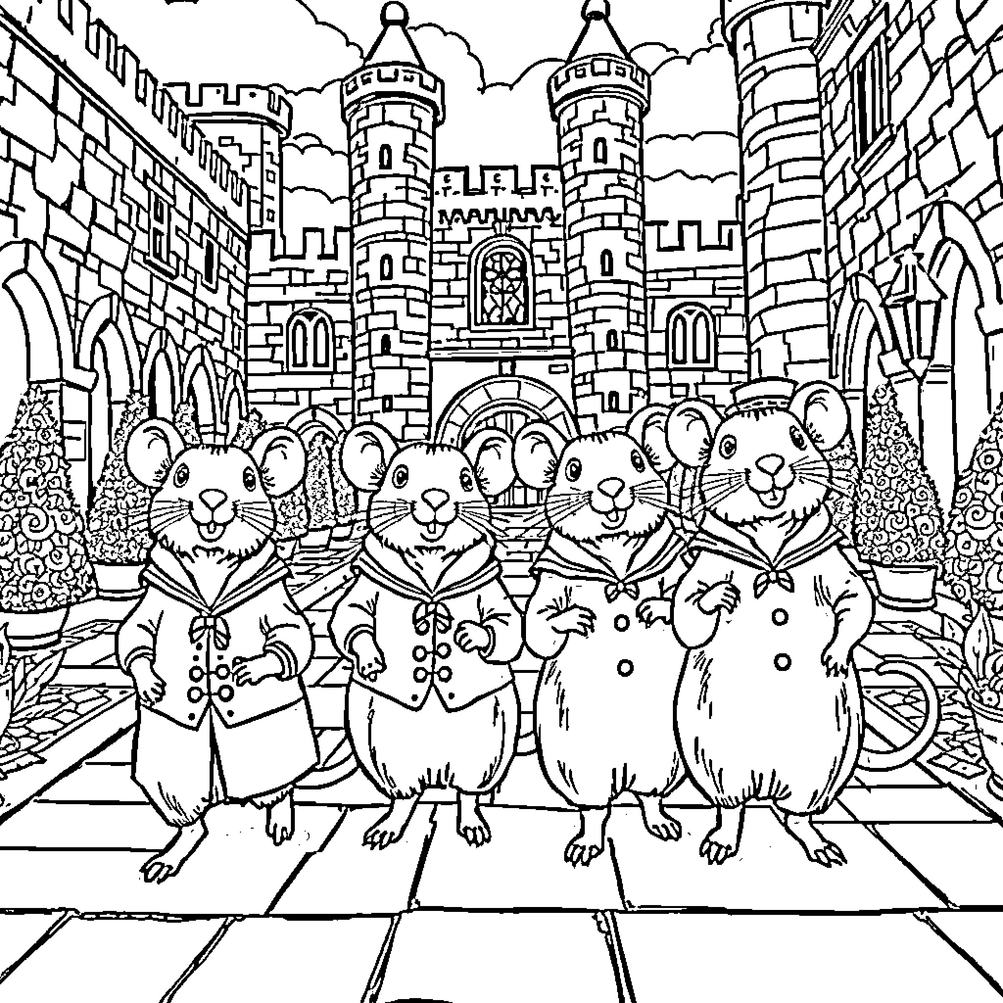 Mouse in suits standing in front of a castle Coloring Page (free black-and-white line drawing printable PDF for all, from beginners to advanced learners, including children, teens, adults, and seniors)