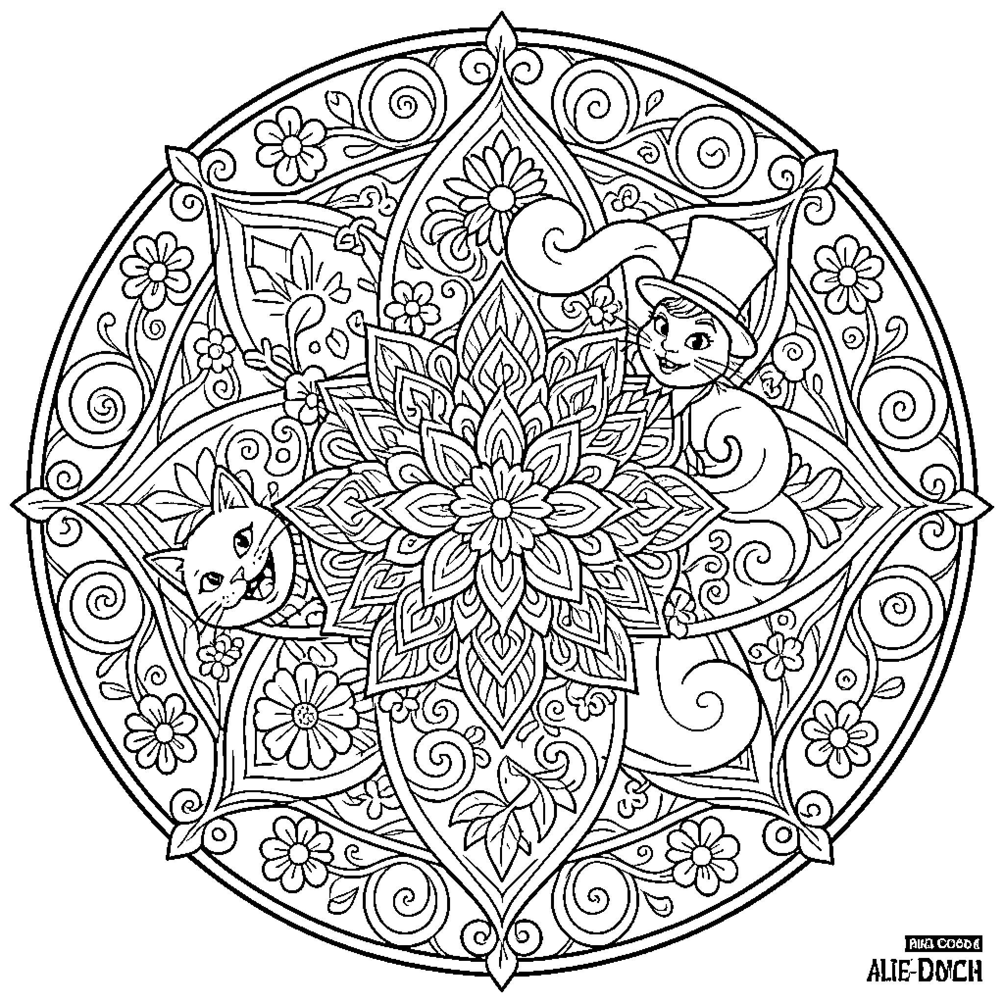 Alice's Playful Mandala with Whimsical Creatures Coloring Page (free black-and-white line drawing printable PDF for all, from beginners to advanced learners, including children, teens, adults, and seniors)