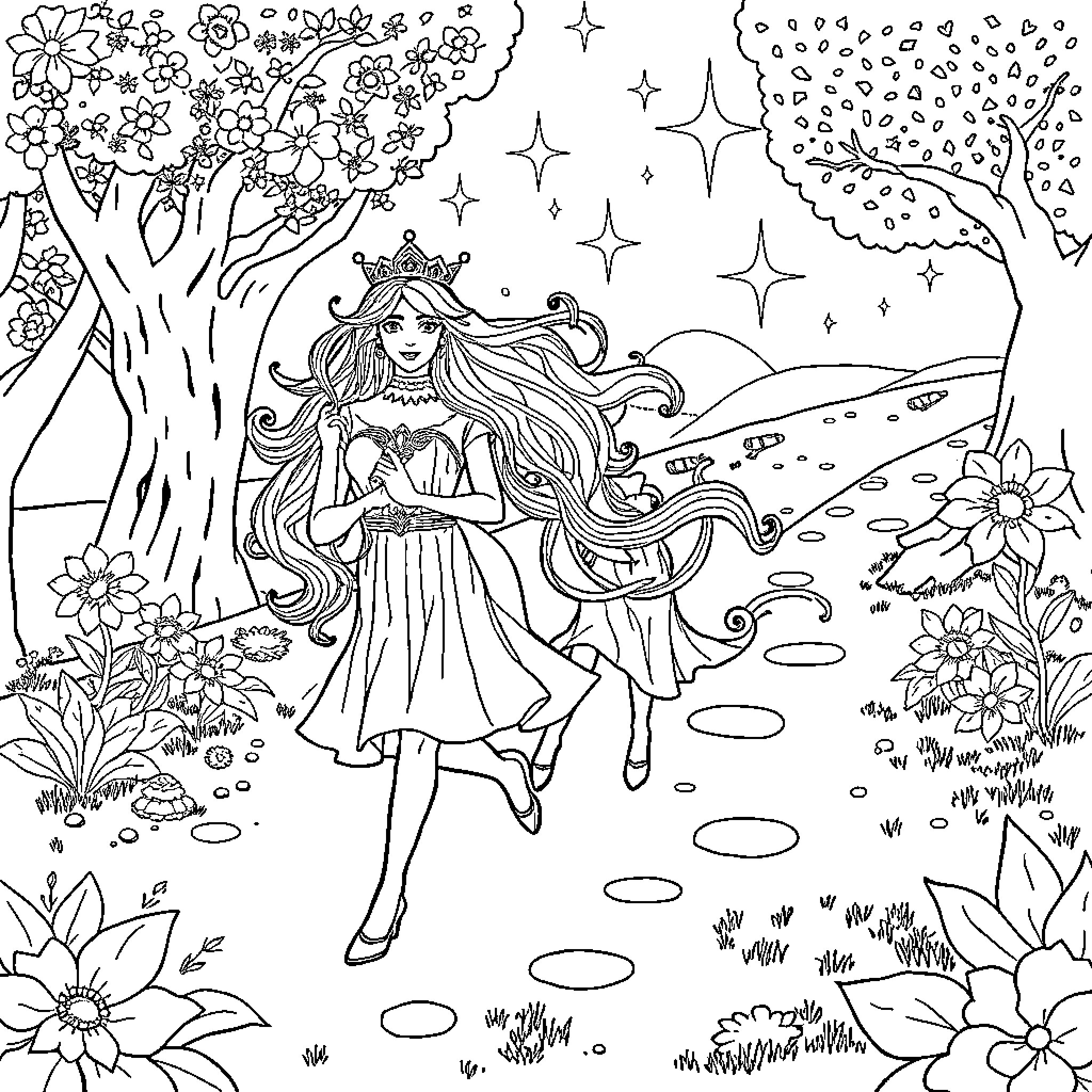 Cinderella's magical garden adventure Coloring Page (free black-and-white line drawing printable PDF for all, from beginners to advanced learners, including children, teens, adults, and seniors)