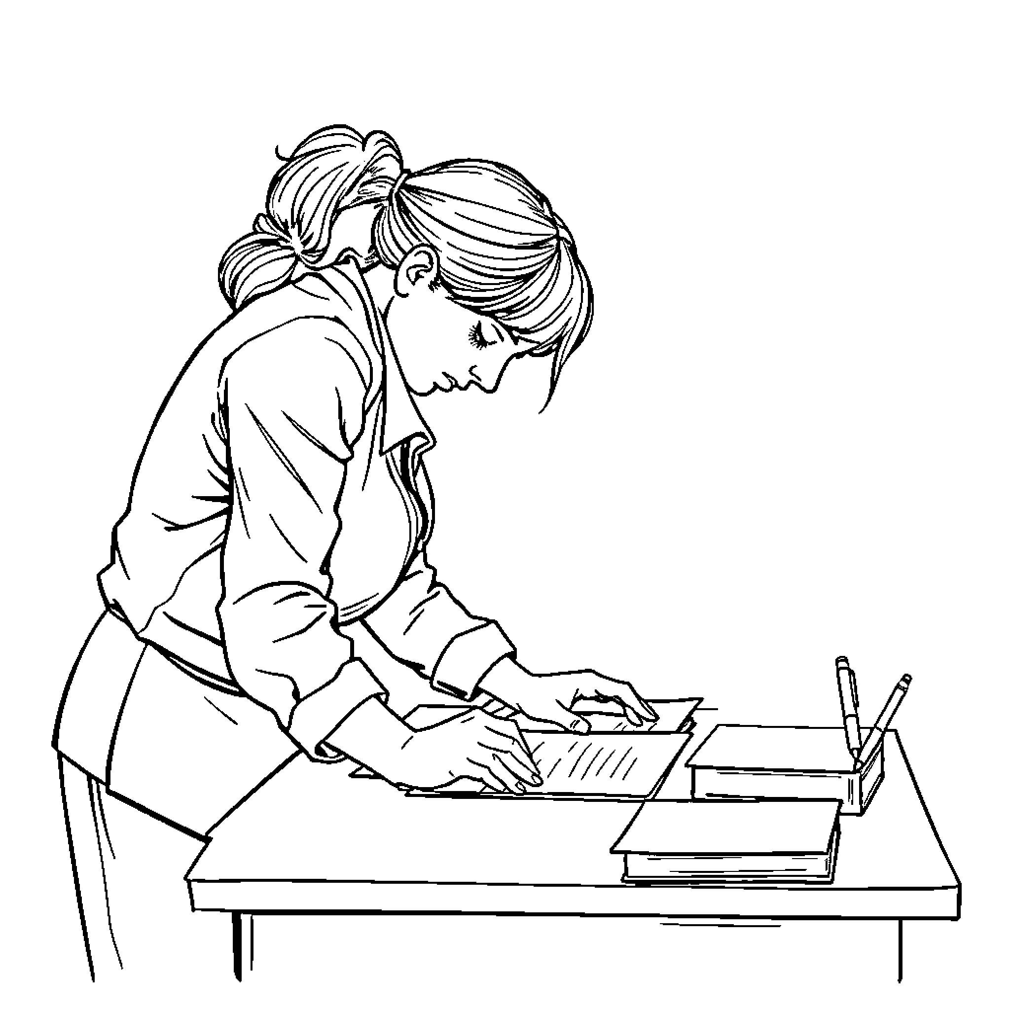 Teacher intensely focused on work at desk Coloring Page (free black-and-white line drawing printable PDF for all, from beginners to advanced learners, including children, teens, adults, and seniors)