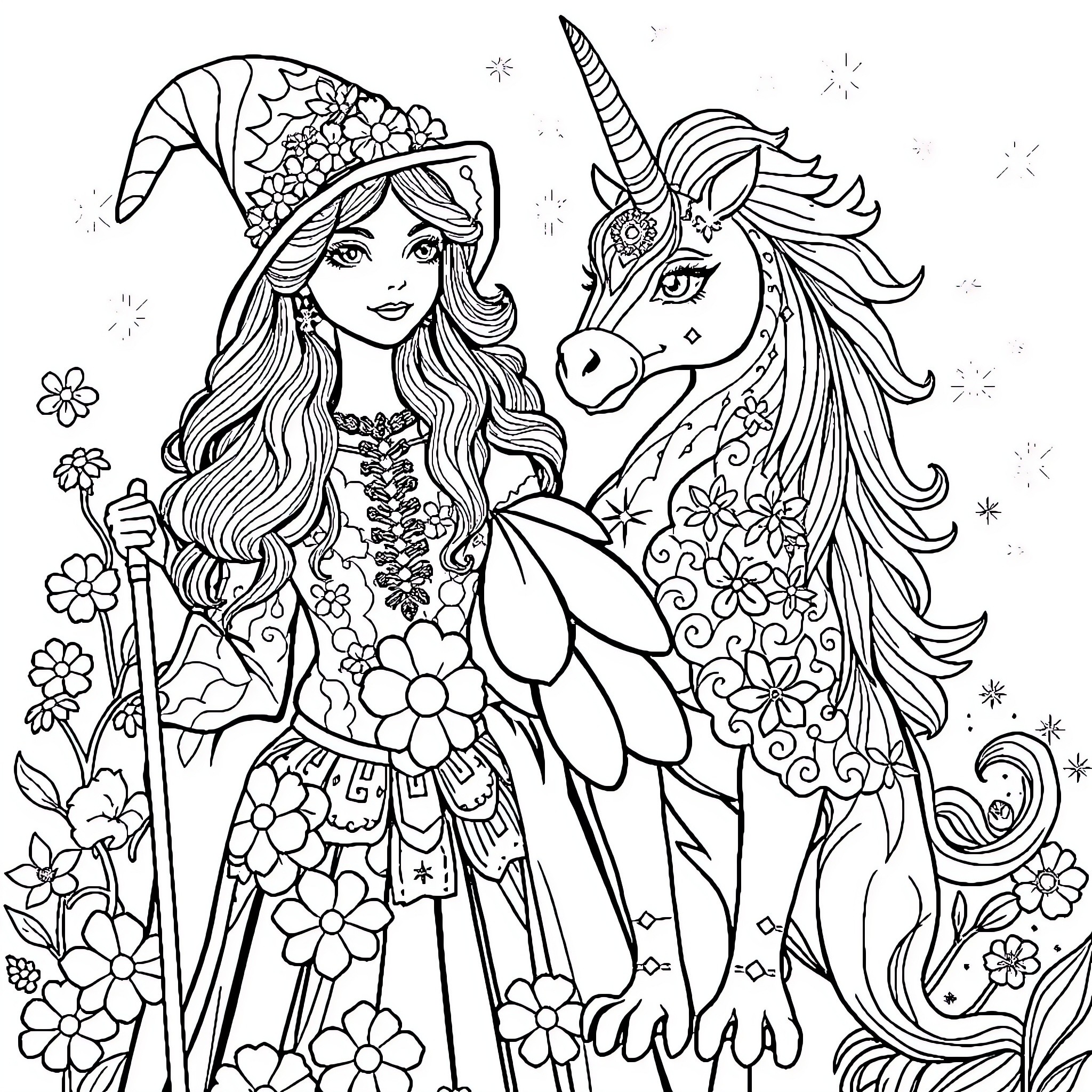 Witch and her whimsical unicorn companion in a floral wonderland Coloring Page (free black-and-white line drawing printable PDF for all, from beginners to advanced learners, including children, teens, adults, and seniors)