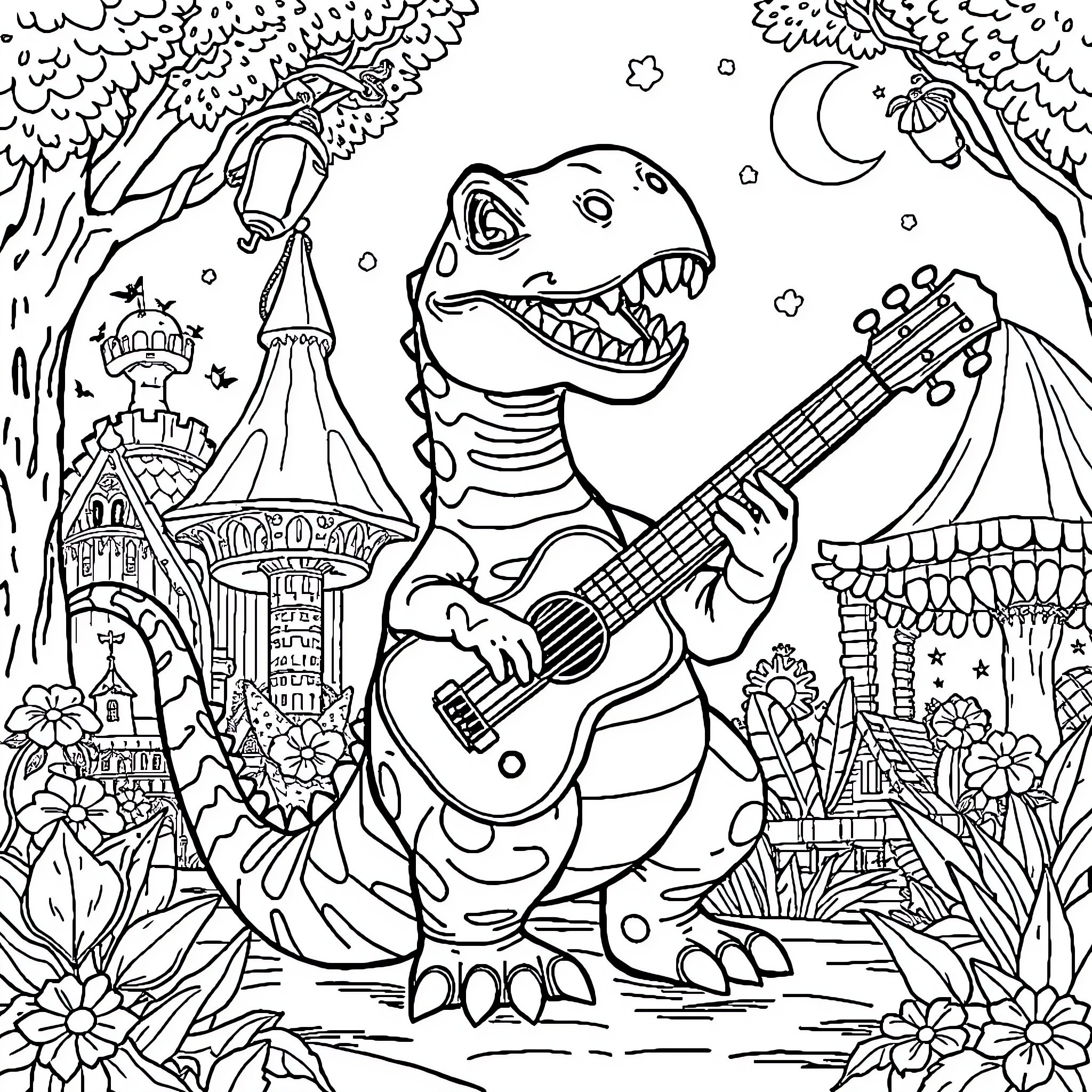 Dinosaur playing guitar in a whimsical fantasy landscape Coloring Page (free black-and-white line drawing printable PDF for all, from beginners to advanced learners, including children, teens, adults, and seniors)