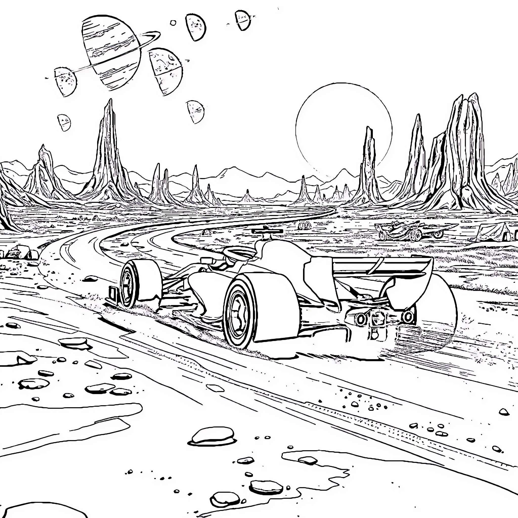 Formula 1 Car Racing on Alien Landscape Coloring Page (free black-and-white line drawing printable PDF for all, from beginners to advanced learners, including children, teens, adults, and seniors)