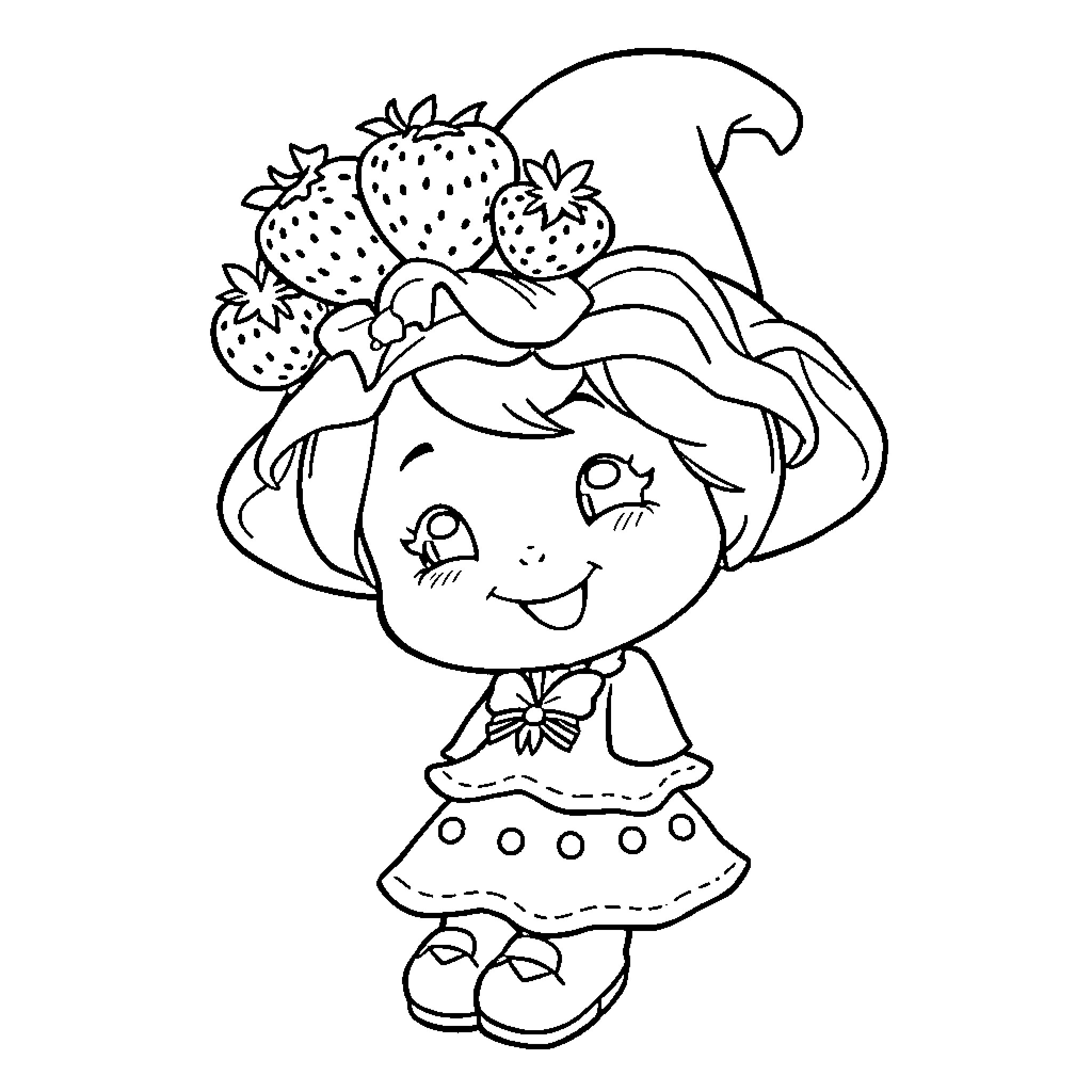 Strawberry Shortcake girl with a basket of strawberries Coloring Page (free black-and-white line drawing printable PDF for all, from beginners to advanced learners, including children, teens, adults, and seniors)