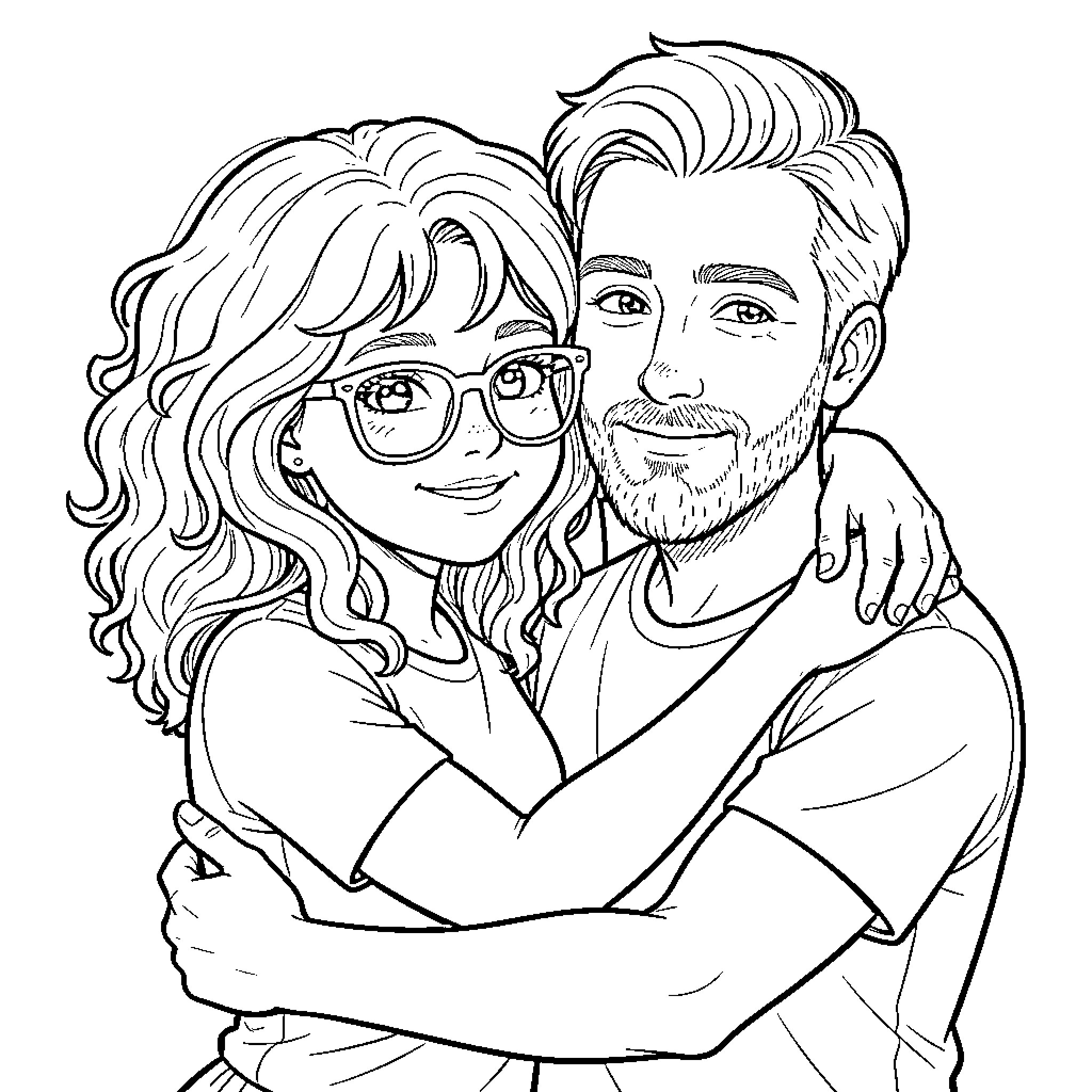 Chica smiling while hugging a man tightly Coloring Page (free black-and-white line drawing printable PDF for all, from beginners to advanced learners, including children, teens, adults, and seniors)