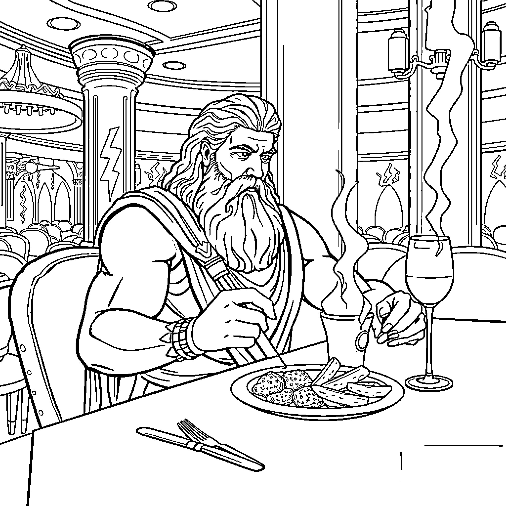 Zeus dining in an opulent hall Coloring Page (free black-and-white line drawing printable PDF for all, from beginners to advanced learners, including children, teens, adults, and seniors)
