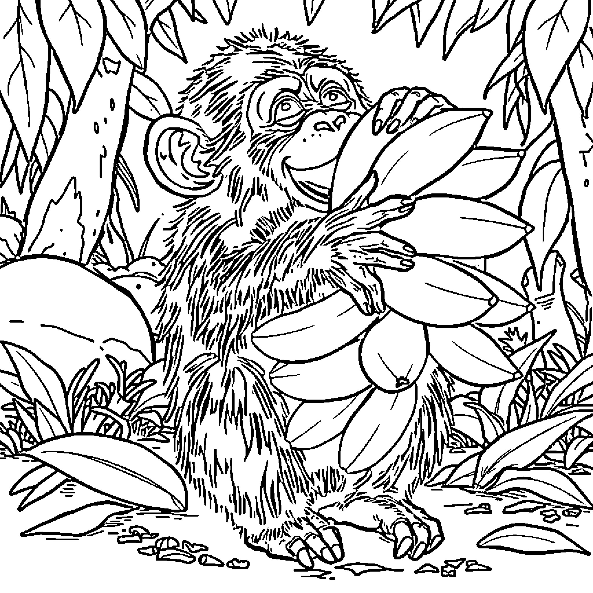 Chimpanzee admiring a vibrant flower in the wilderness Coloring Page (free black-and-white line drawing printable PDF for all, from beginners to advanced learners, including children, teens, adults, and seniors)