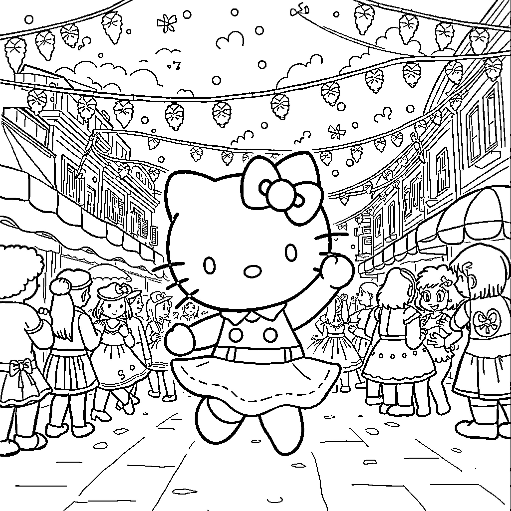 Hello Kitty Celebrating in a Festive Town Coloring Page (free black-and-white line drawing printable PDF for all, from beginners to advanced learners, including children, teens, adults, and seniors)