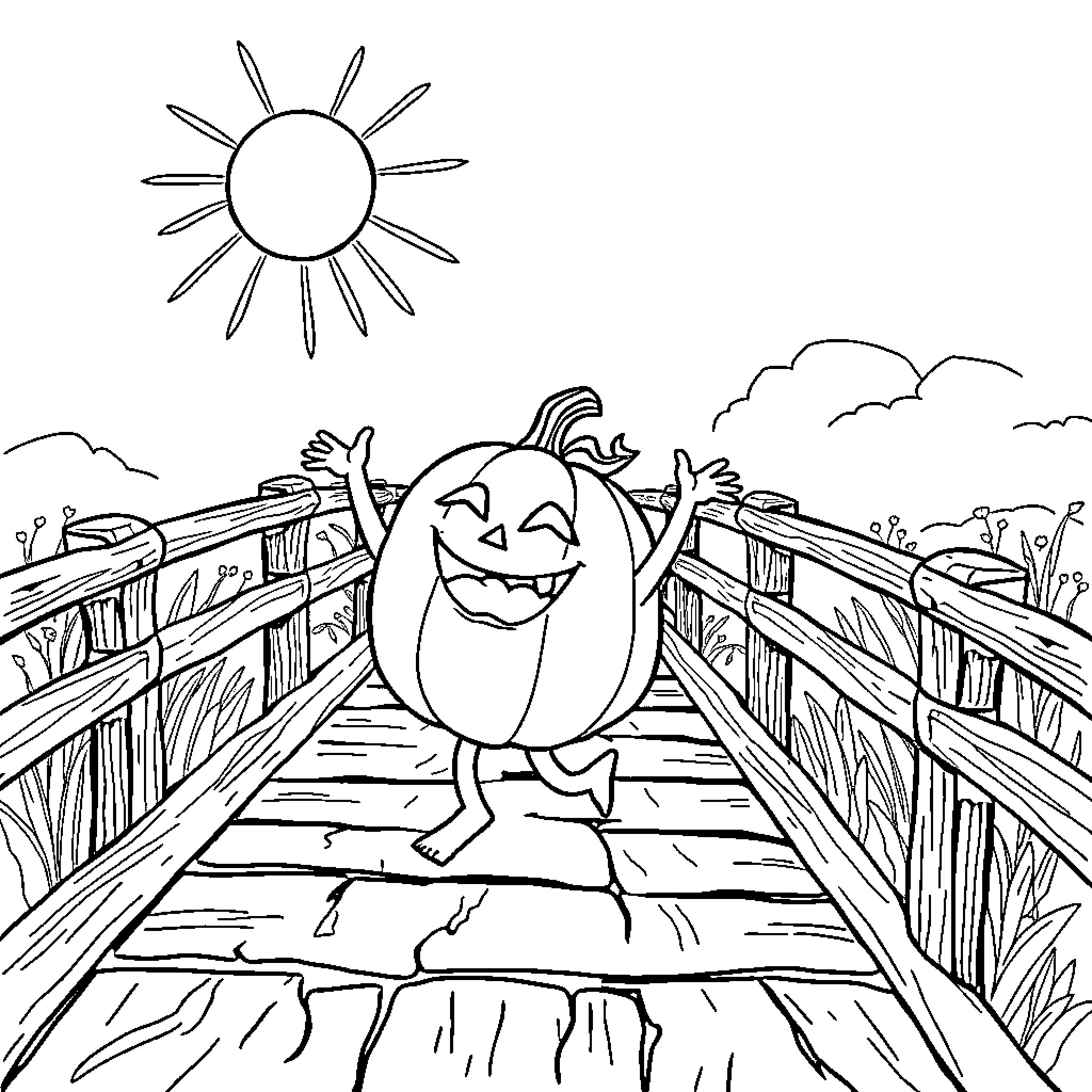Pumpkin figure joyfully running on wooden bridge Coloring Page (free black-and-white line drawing printable PDF for all, from beginners to advanced learners, including children, teens, adults, and seniors)