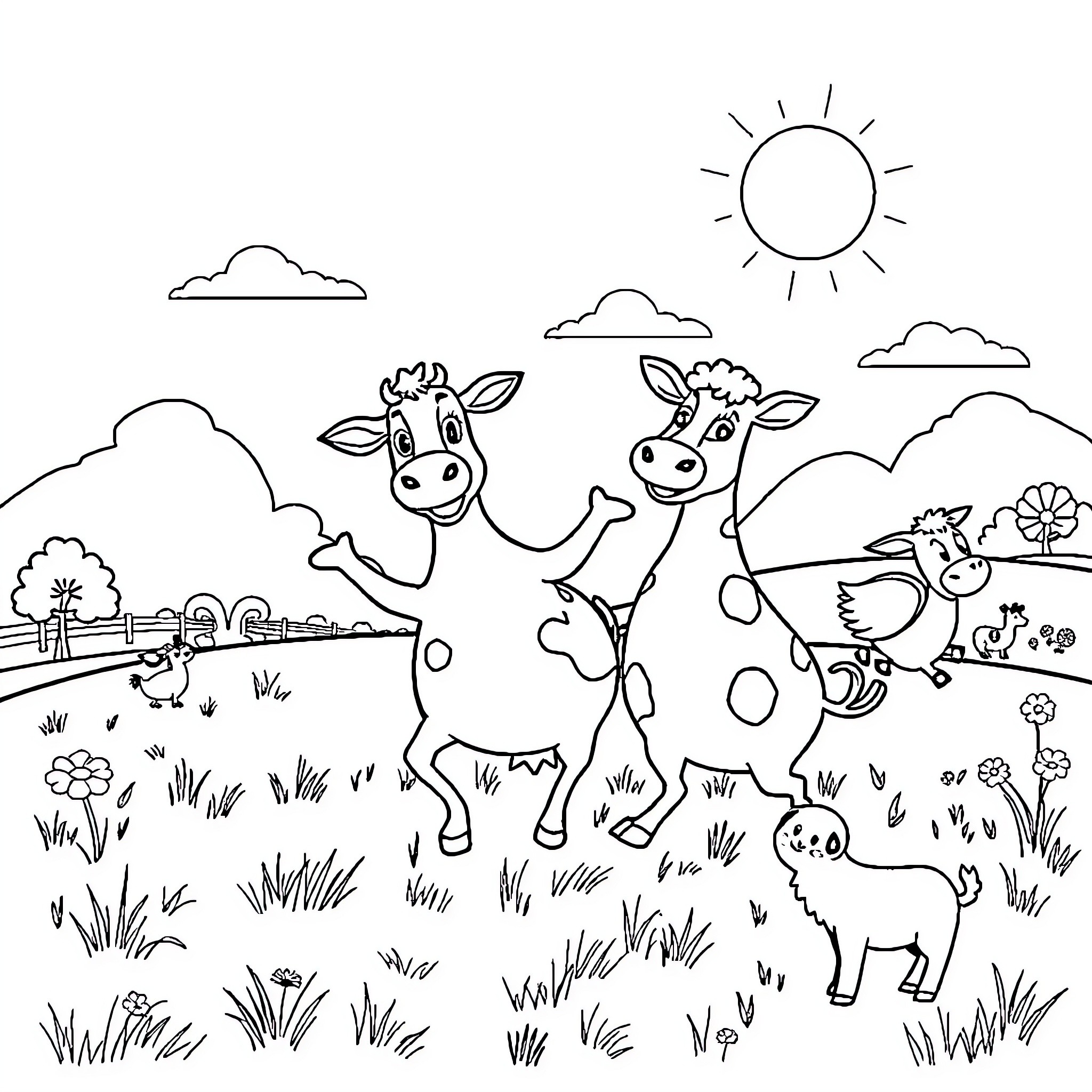 Farm Animals Playing Happily in a Pastoral Landscape Coloring Page (free black-and-white line drawing printable PDF for all, from beginners to advanced learners, including children, teens, adults, and seniors)