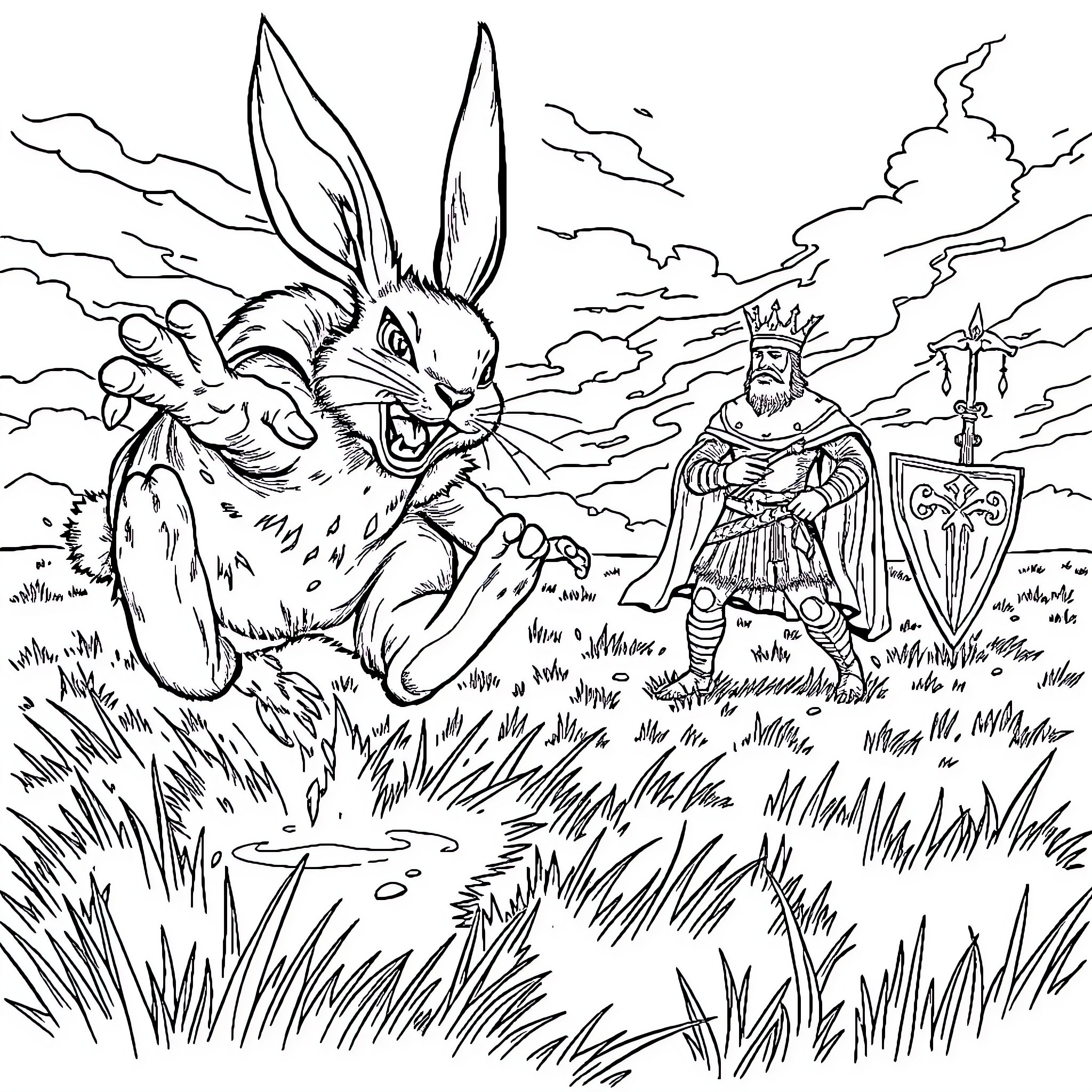 Rabbit confronting a medieval knight in the wilderness Coloring Page (free black-and-white line drawing printable PDF for all, from beginners to advanced learners, including children, teens, adults, and seniors)