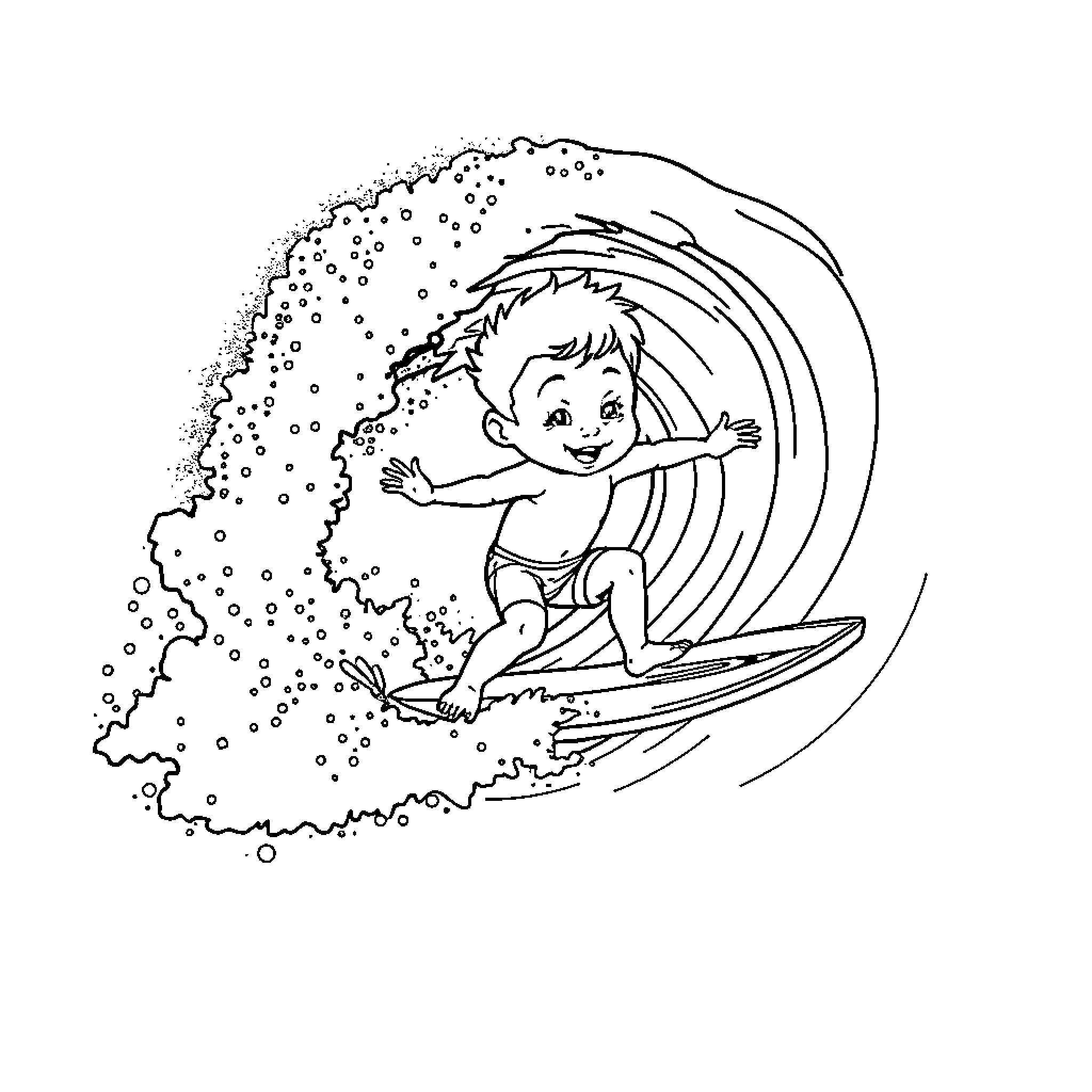 Saja's Surfer Adventure Coloring Page (free black-and-white line drawing printable PDF for all, from beginners to advanced learners, including children, teens, adults, and seniors)