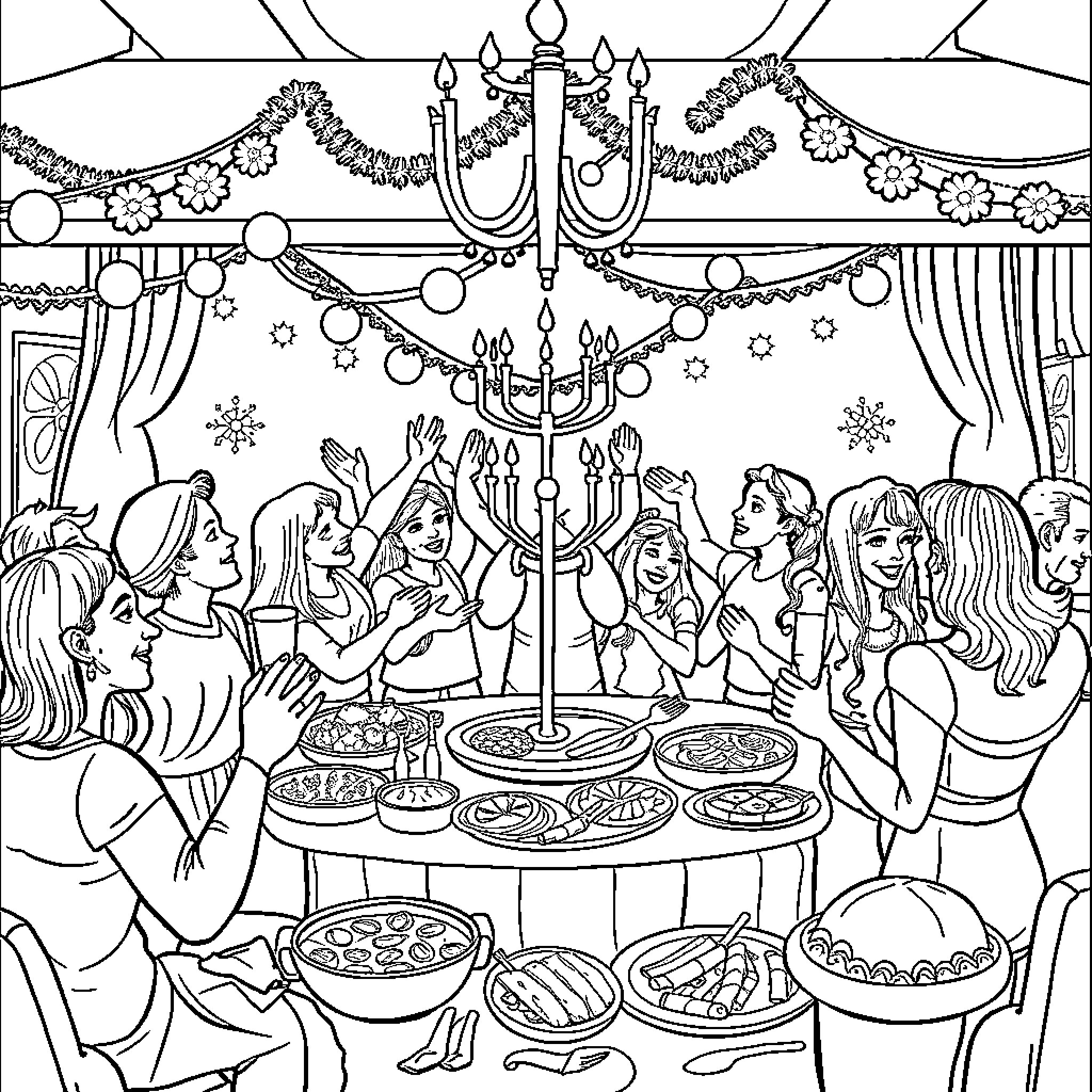Hanukkah celebration with friends and family Coloring Page (free black-and-white line drawing printable PDF for all, from beginners to advanced learners, including children, teens, adults, and seniors)