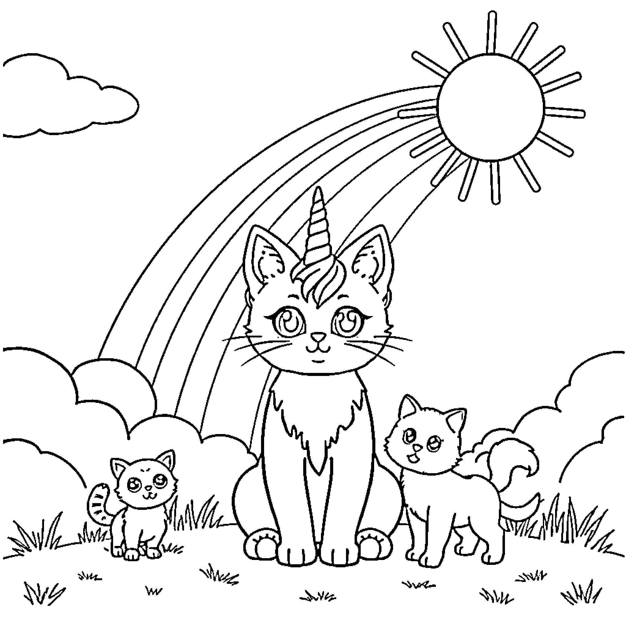 Unikitty and Unicorn Cats Enjoying Sunny Day Coloring Page (free black-and-white line drawing printable PDF for all, from beginners to advanced learners, including children, teens, adults, and seniors)