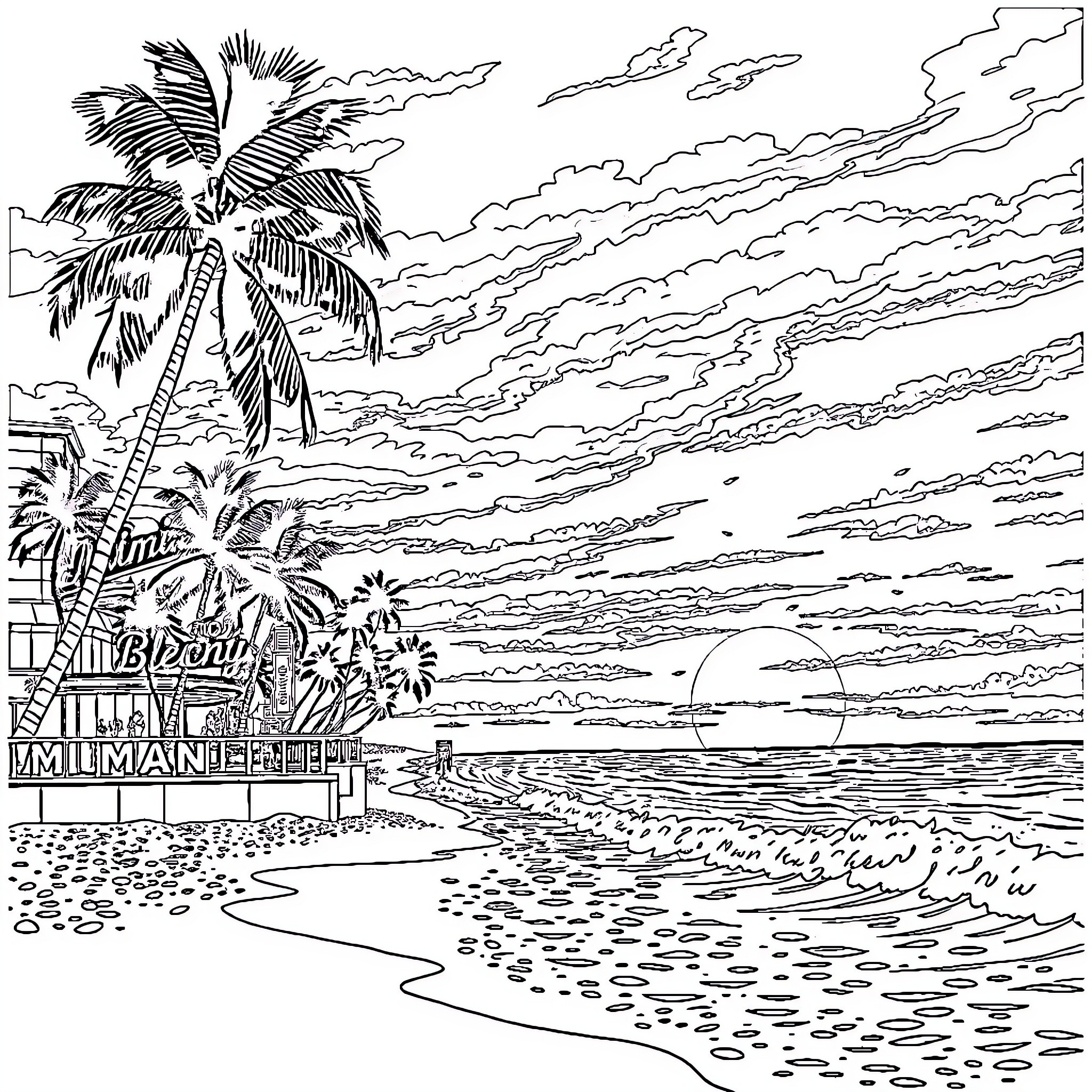 Palm Tree Beach Scene with Tropical Landscape Coloring Page (free black-and-white line drawing printable PDF for all, from beginners to advanced learners, including children, teens, adults, and seniors)
