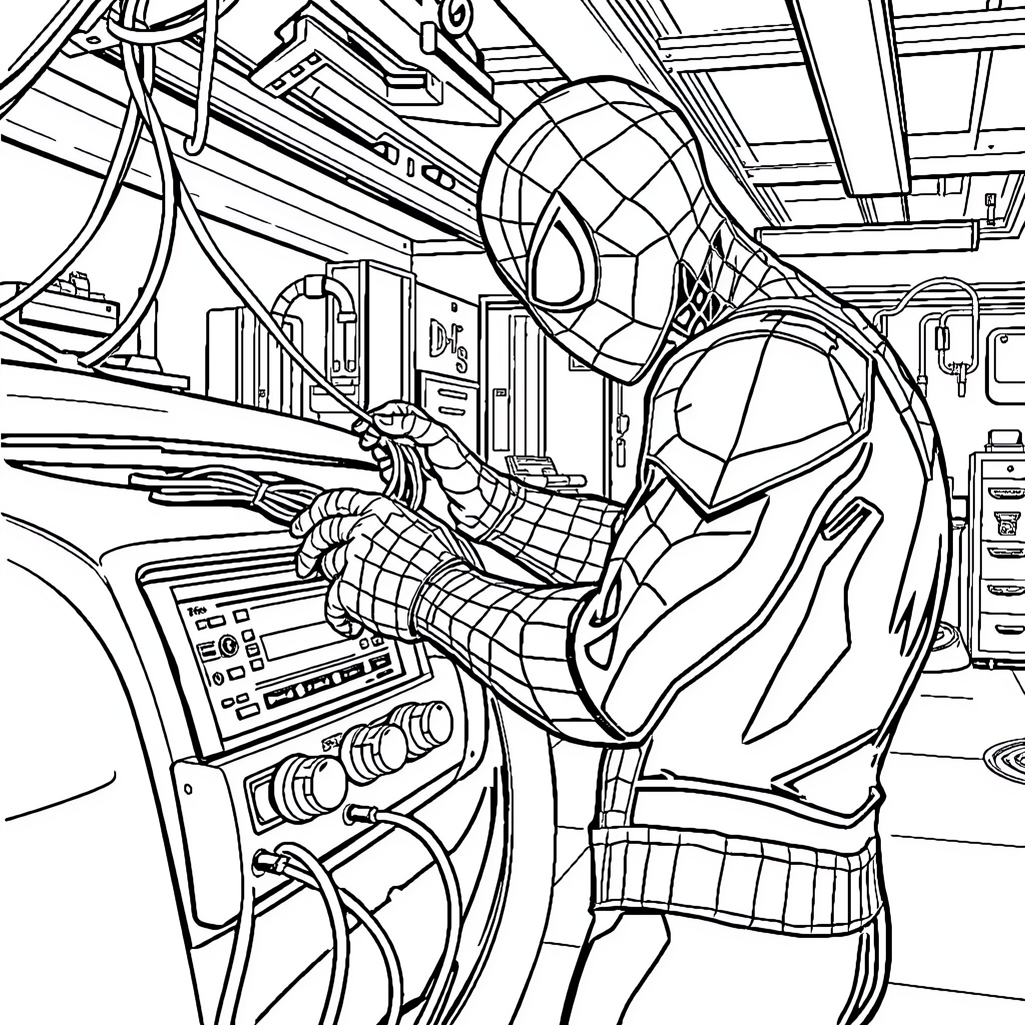 Spiderman operating high-tech equipment in futuristic setting Coloring Page (free black-and-white line drawing printable PDF for all, from beginners to advanced learners, including children, teens, adults, and seniors)