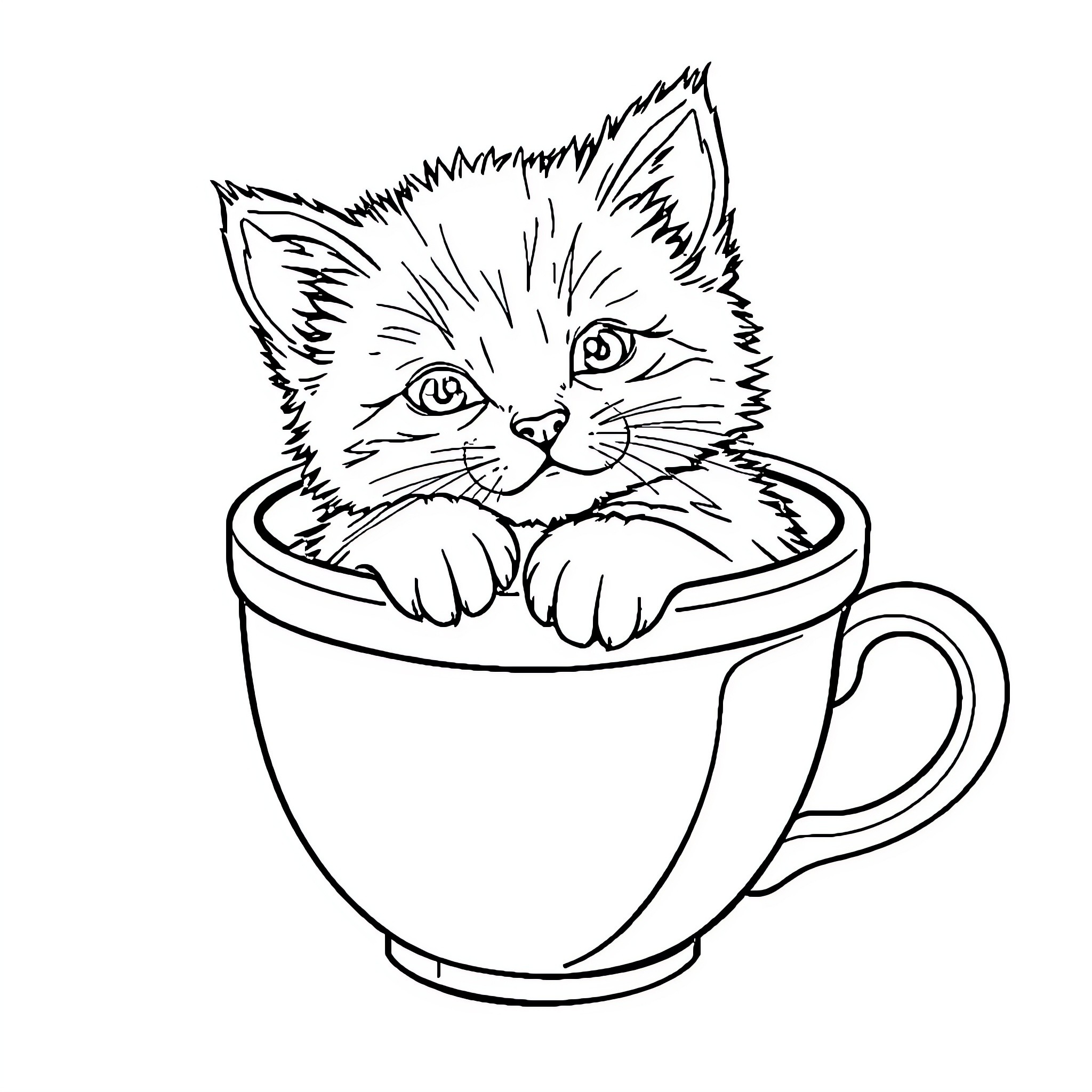 Kitten peeking out from teacup Coloring Page (free black-and-white line drawing printable PDF for all, from beginners to advanced learners, including children, teens, adults, and seniors)