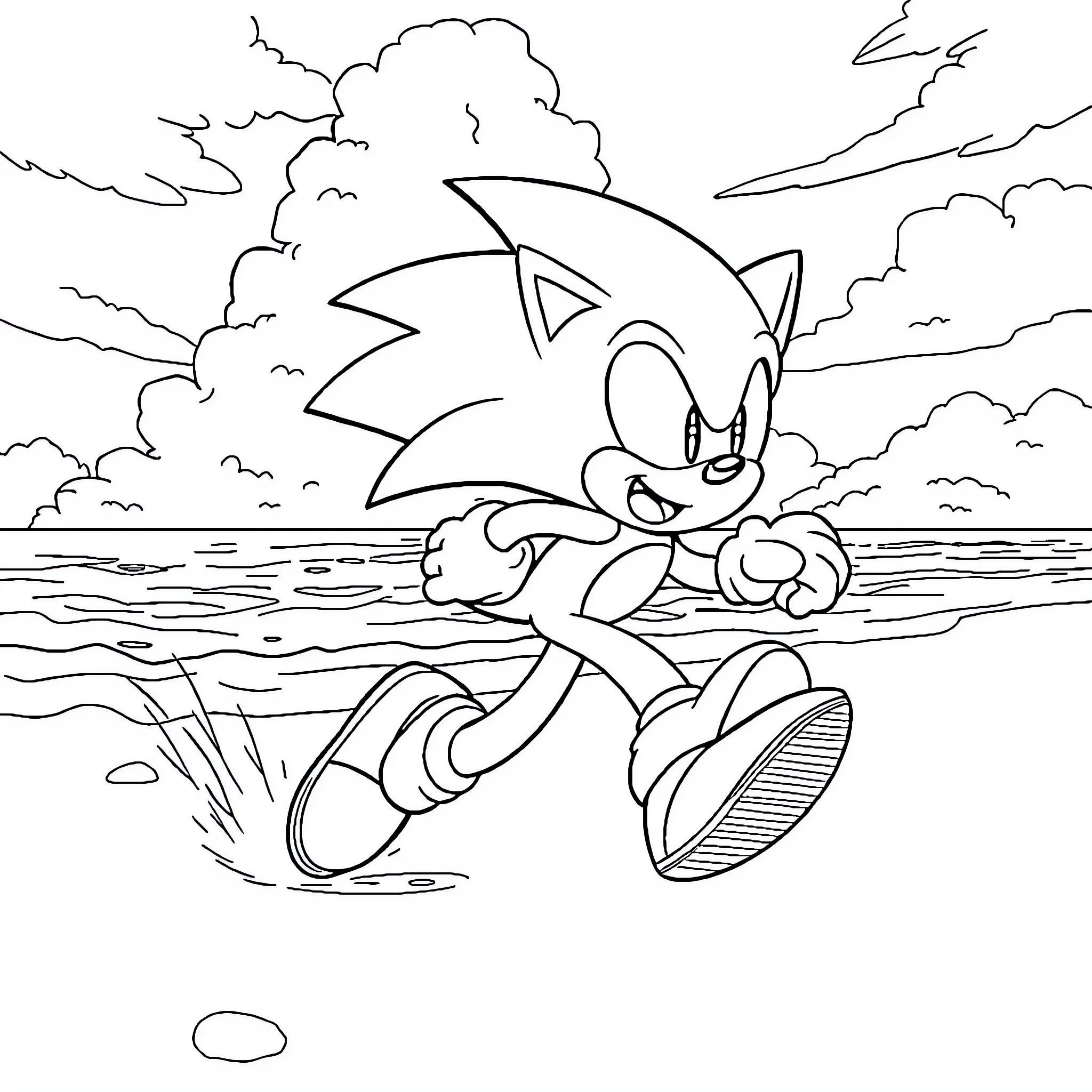 Sonic running happily by the ocean Coloring Page (free black-and-white line drawing printable PDF for all, from beginners to advanced learners, including children, teens, adults, and seniors)