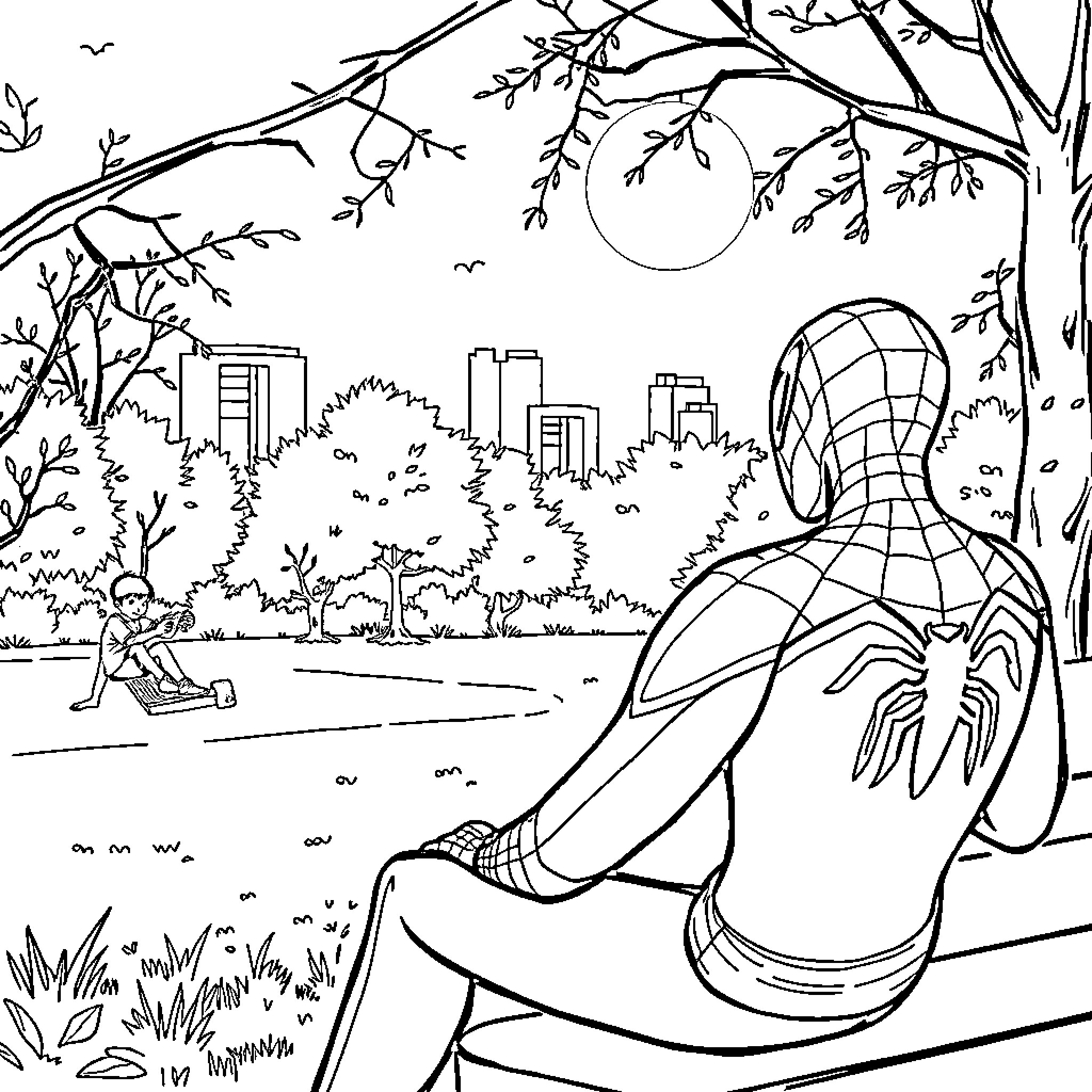 Spider-Man relaxing in the park with cityscape view Coloring Page (free black-and-white line drawing printable PDF for all, from beginners to advanced learners, including children, teens, adults, and seniors)