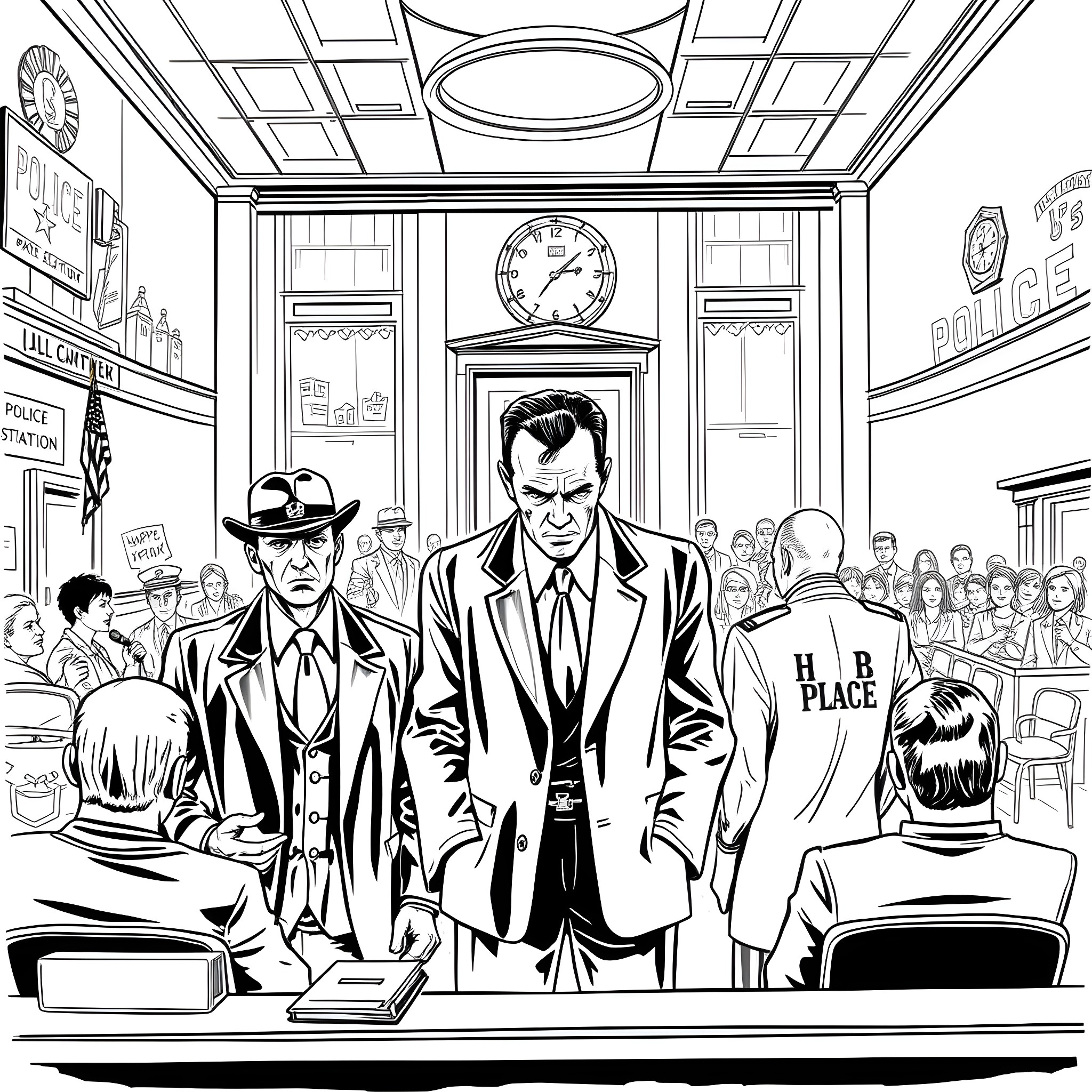 Law And Order: Courtroom Drama with Detectives and Suspects Coloring Page (free black-and-white line drawing printable PDF for all, from beginners to advanced learners, including children, teens, adults, and seniors)