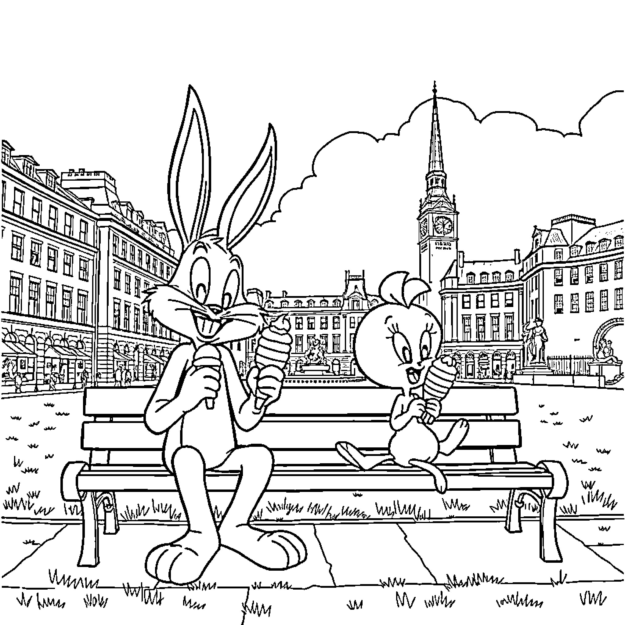 Bugs Bunny and Daffy Duck relaxing on a park bench Coloring Page (free black-and-white line drawing printable PDF for all, from beginners to advanced learners, including children, teens, adults, and seniors)