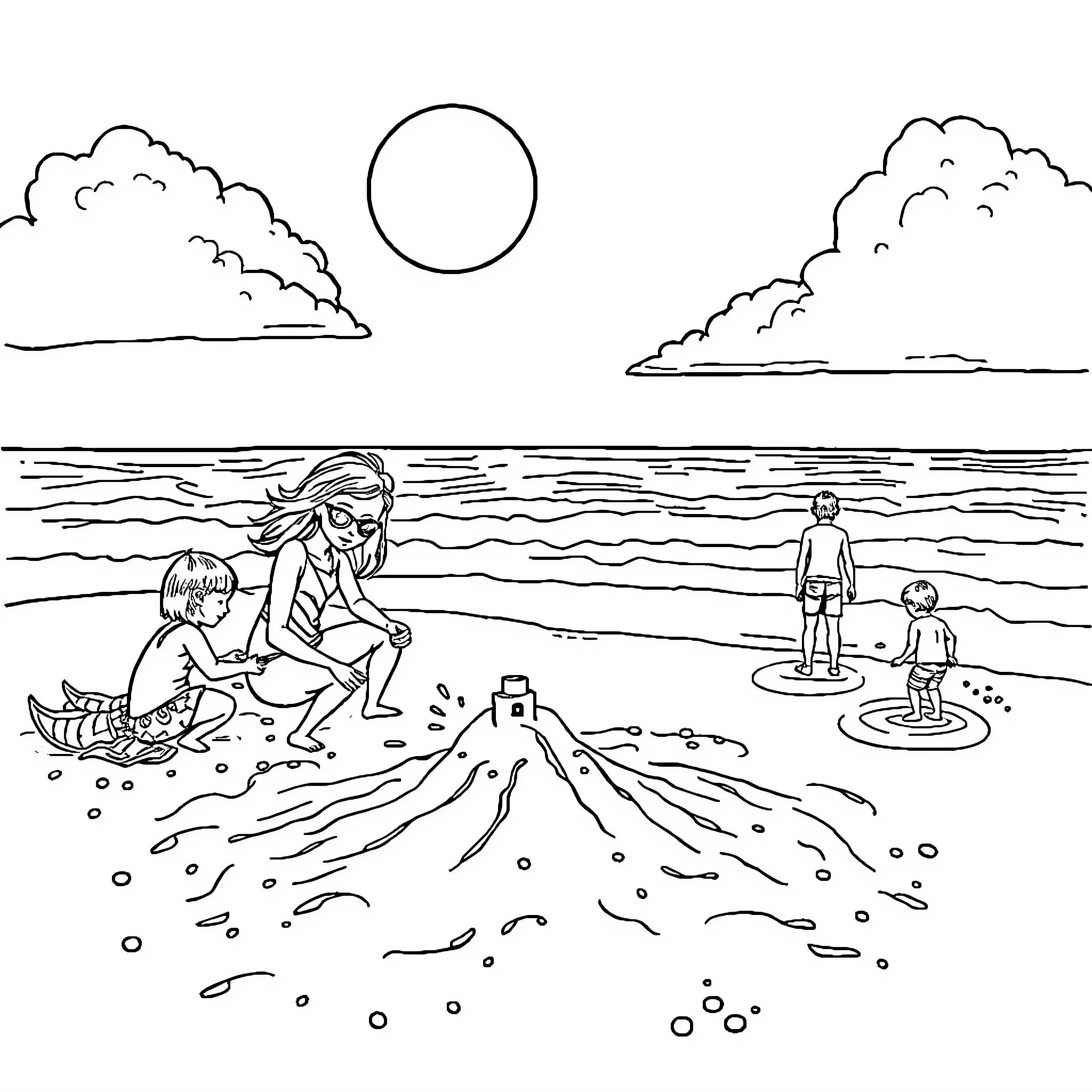 Wednesday at the beach with family Coloring Page (free black-and-white line drawing printable PDF for all, from beginners to advanced learners, including children, teens, adults, and seniors)