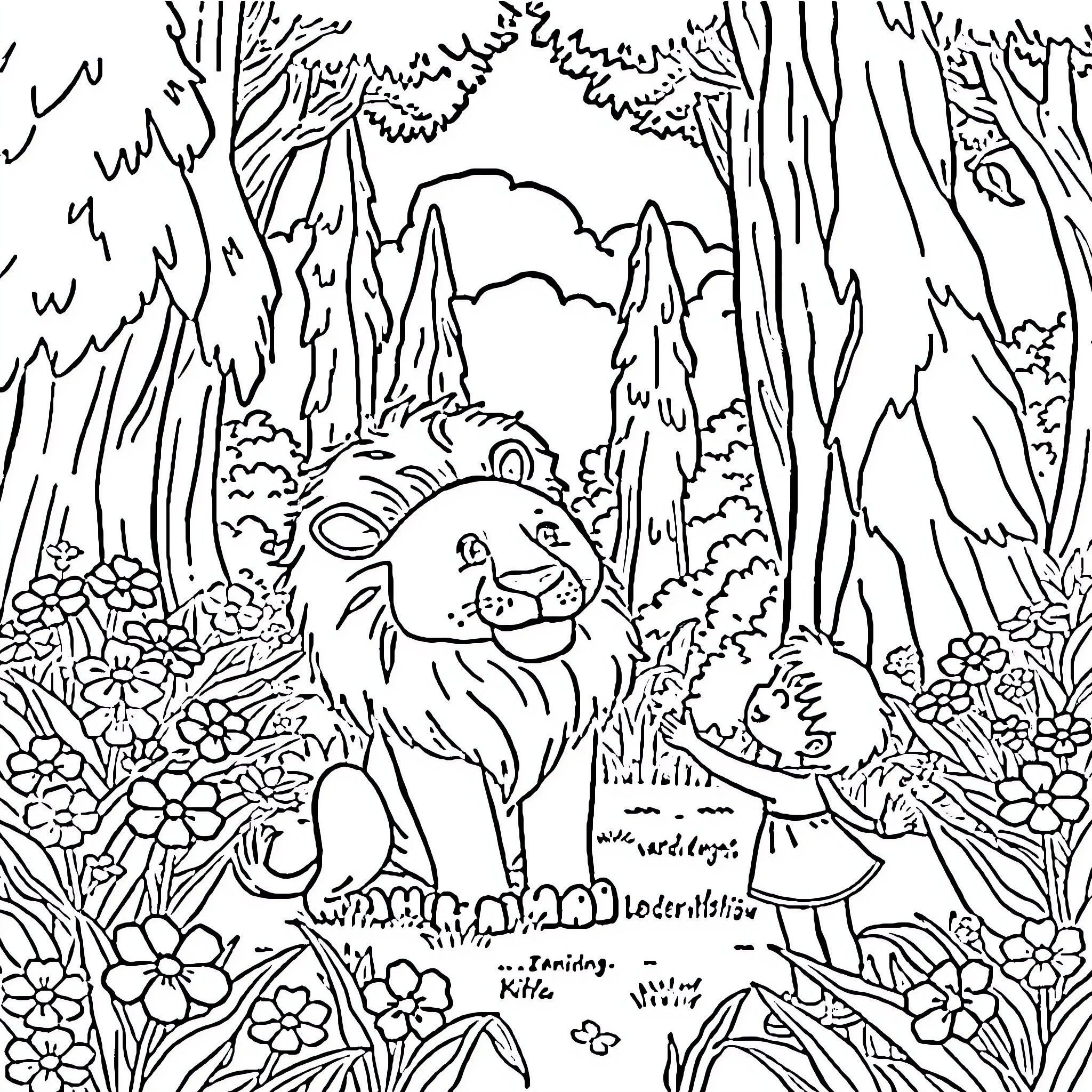 Lion and child playing in the forest Coloring Page (free black-and-white line drawing printable PDF for all, from beginners to advanced learners, including children, teens, adults, and seniors)