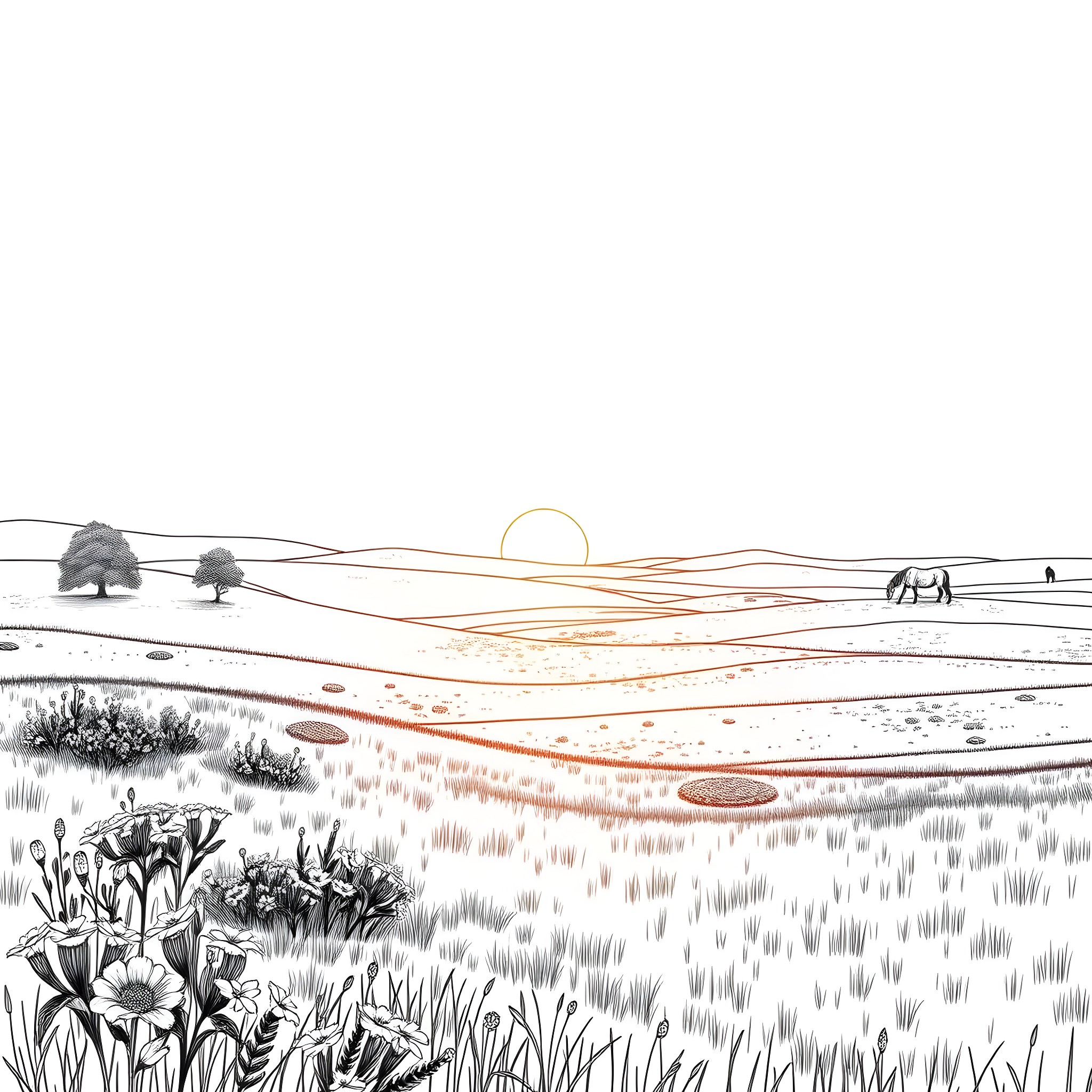 Horse grazing in serene landscape at sunset Coloring Page (free black-and-white line drawing printable PDF for all, from beginners to advanced learners, including children, teens, adults, and seniors)