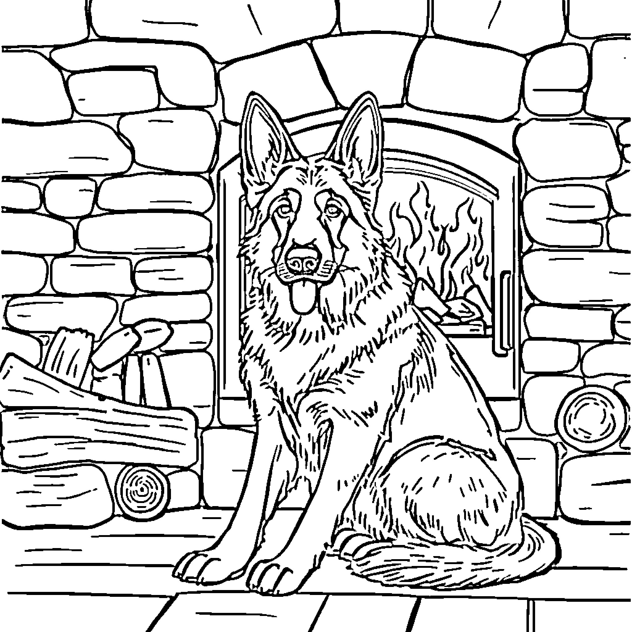 German Shepherd guarding a cozy fireplace Coloring Page (free black-and-white line drawing printable PDF for all, from beginners to advanced learners, including children, teens, adults, and seniors)