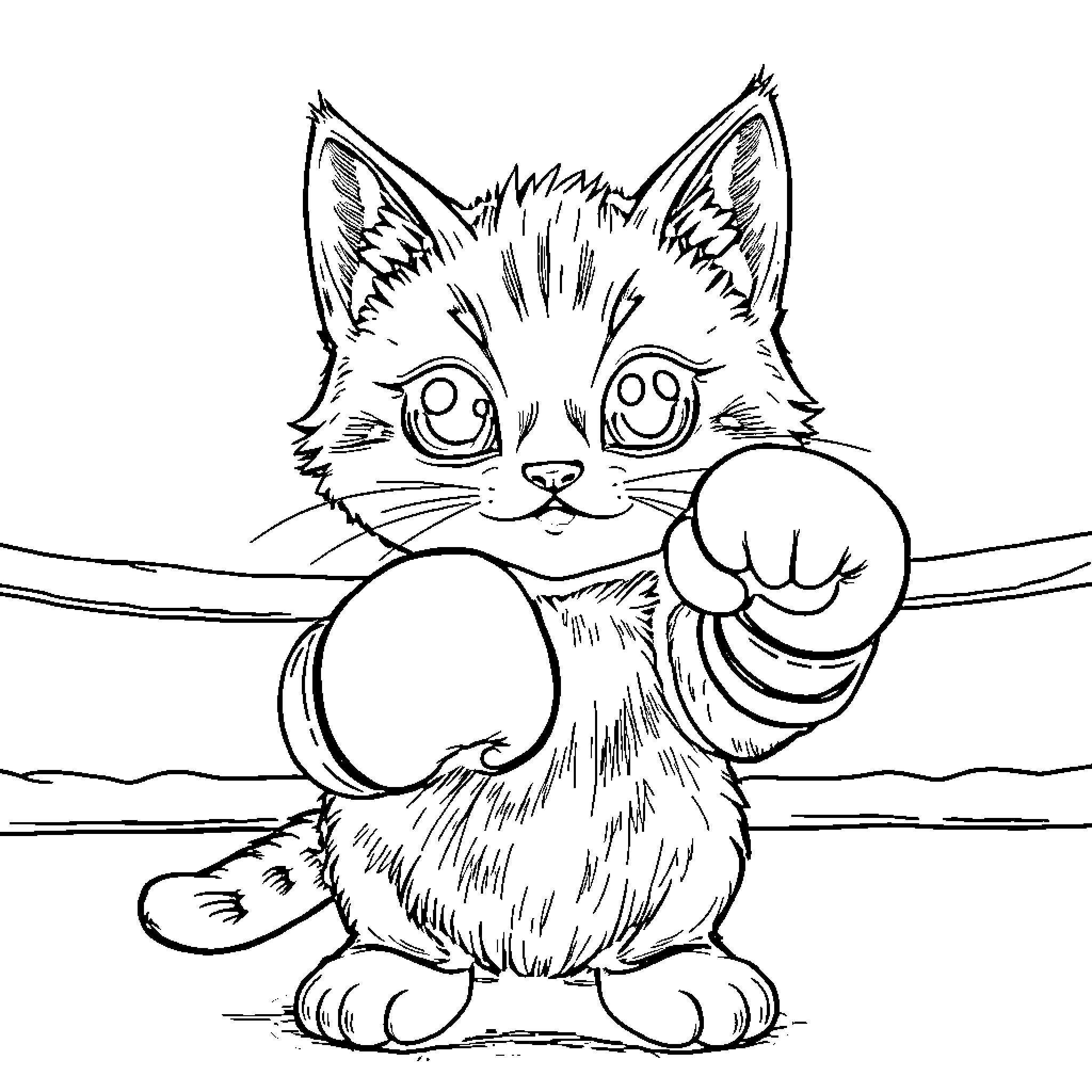 Boxing Cat Engaged in Animated Bout Coloring Page (free black-and-white line drawing printable PDF for all, from beginners to advanced learners, including children, teens, adults, and seniors)
