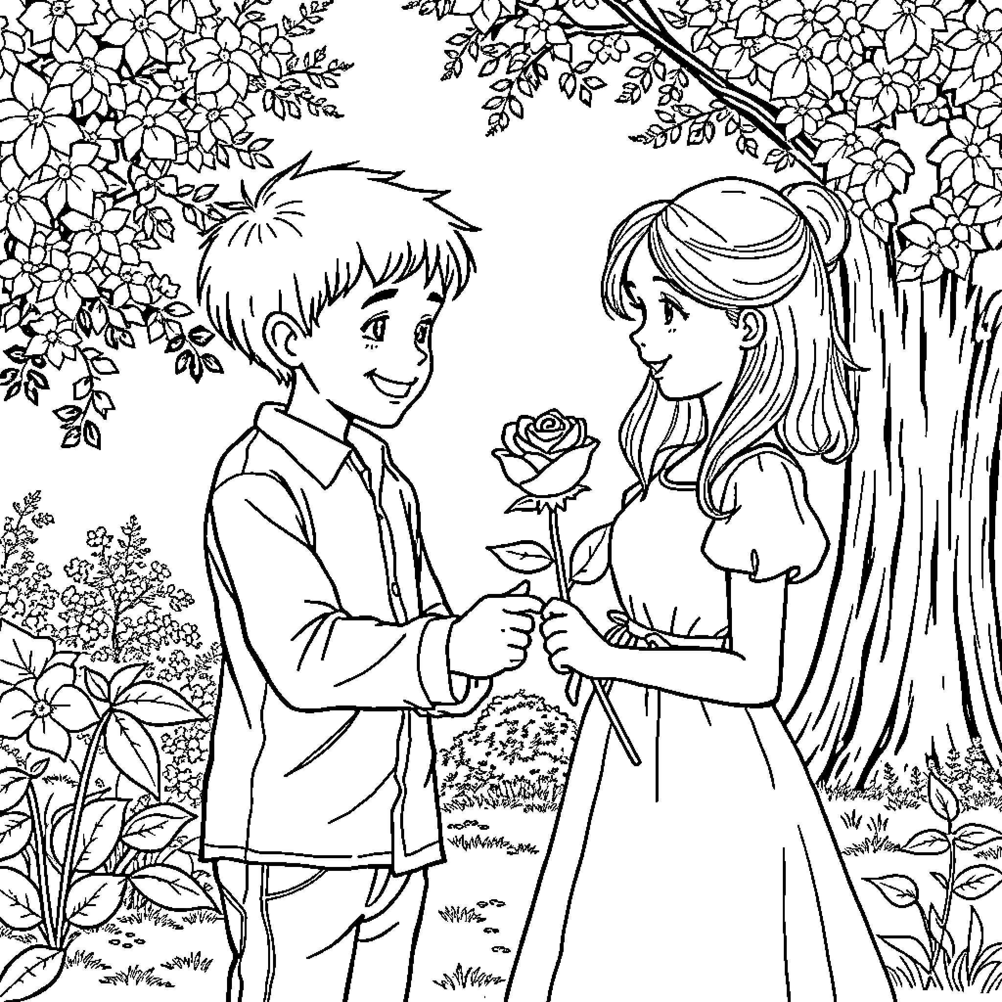 Boy offering rose to girl in garden Coloring Page (free black-and-white line drawing printable PDF for all, from beginners to advanced learners, including children, teens, adults, and seniors)