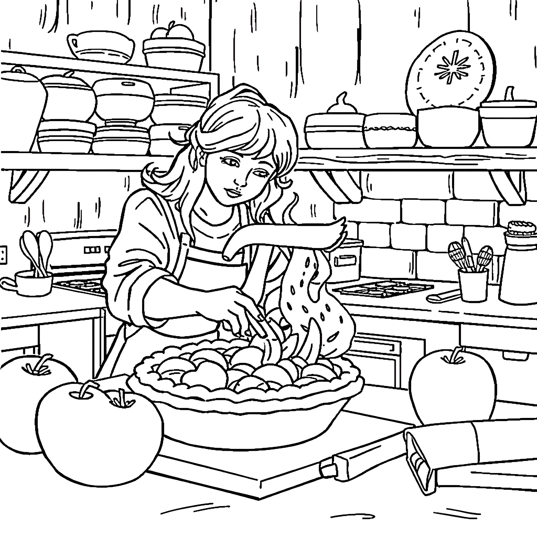Pi Baking in the Cozy Kitchen Coloring Page (free black-and-white line drawing printable PDF for all, from beginners to advanced learners, including children, teens, adults, and seniors)