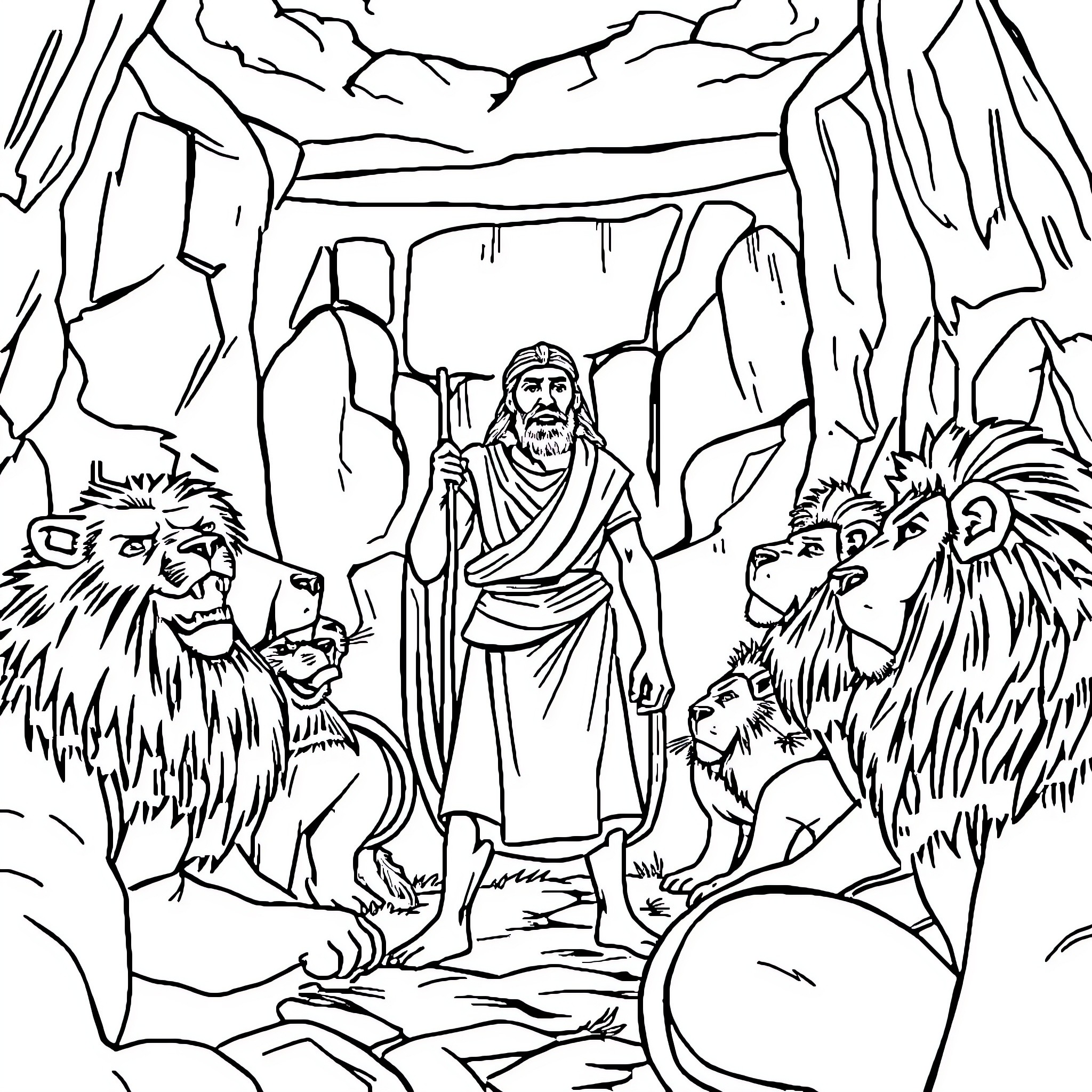 Daniel's Journey Through the Rugged Terrain with Lions Coloring Page (free black-and-white line drawing printable PDF for all, from beginners to advanced learners, including children, teens, adults, and seniors)